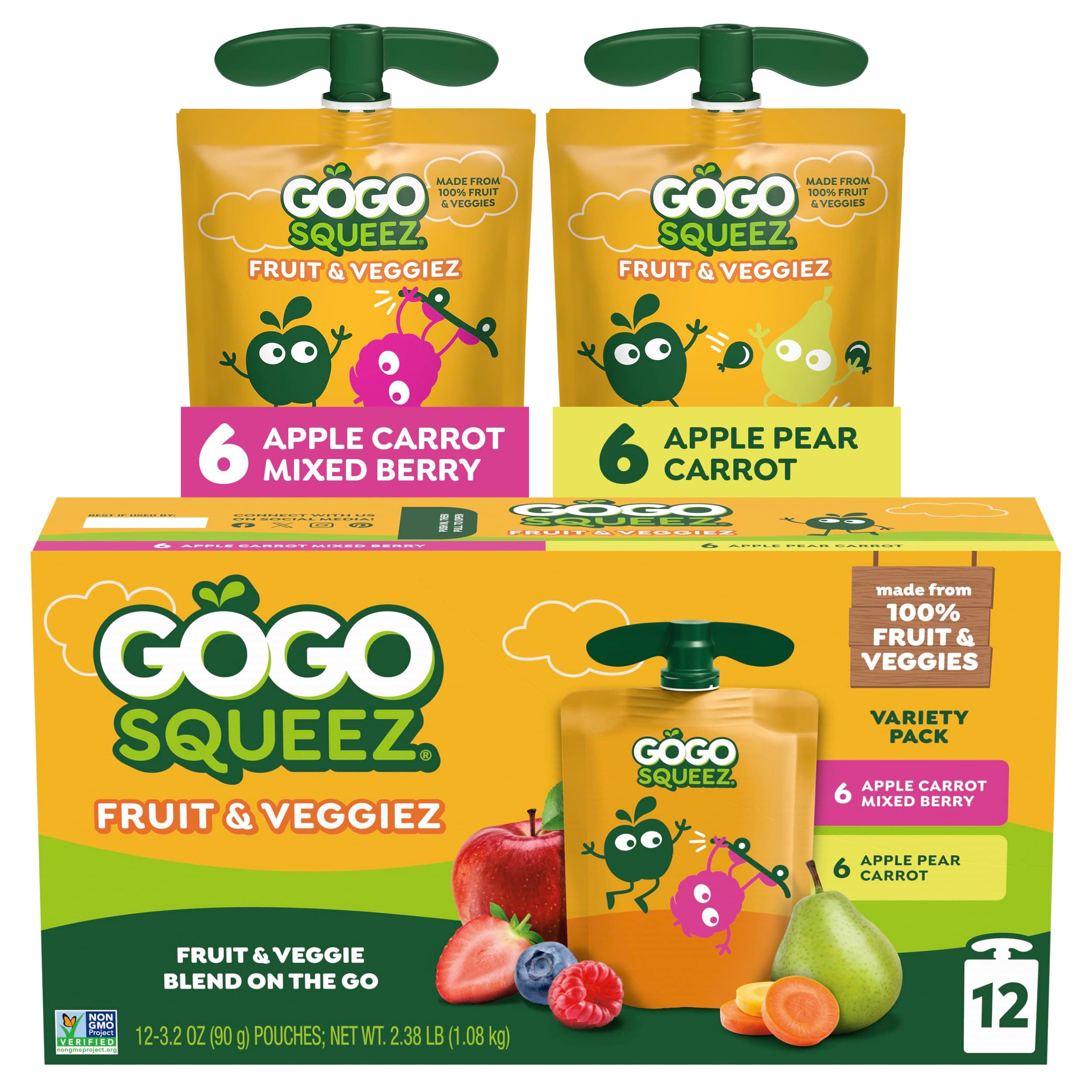 GoGo squeeZ Fruit & veggieZ Applesauce and Puree Variety Pack, Boulder Berry and Zippin' Pear, 3.2 oz (Pack of 12), Unsweetened Snacks for Kids, BPA Free Pouches (Packaging May Vary)