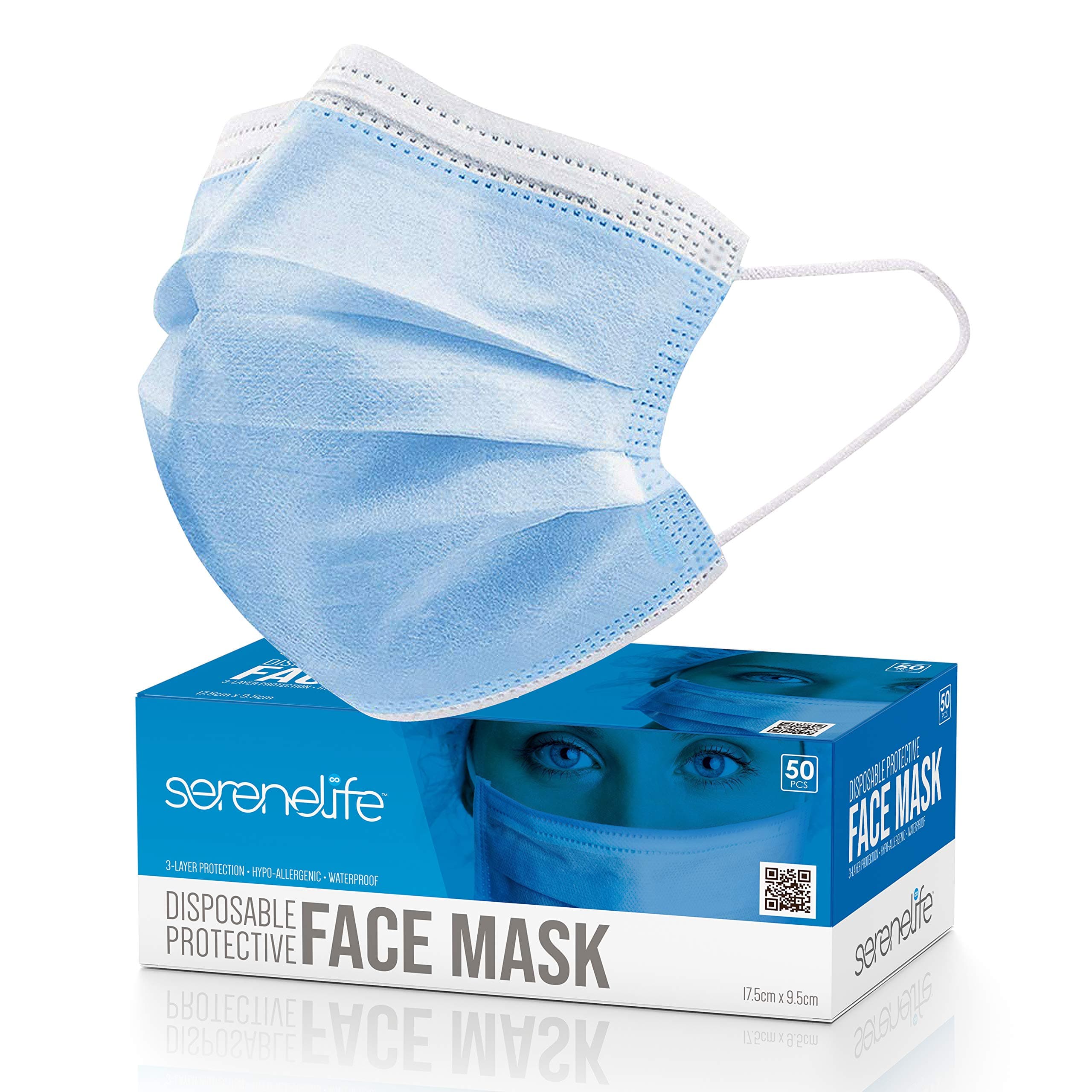 SereneLife 50 Count Disposable Kids Face Masks | Breathable 3-Ply Layers | Non-Woven Fabric | Comfortable Earloops | Daily Use & Personal Care | Easy to Use & Disposable | For Children (Blue)