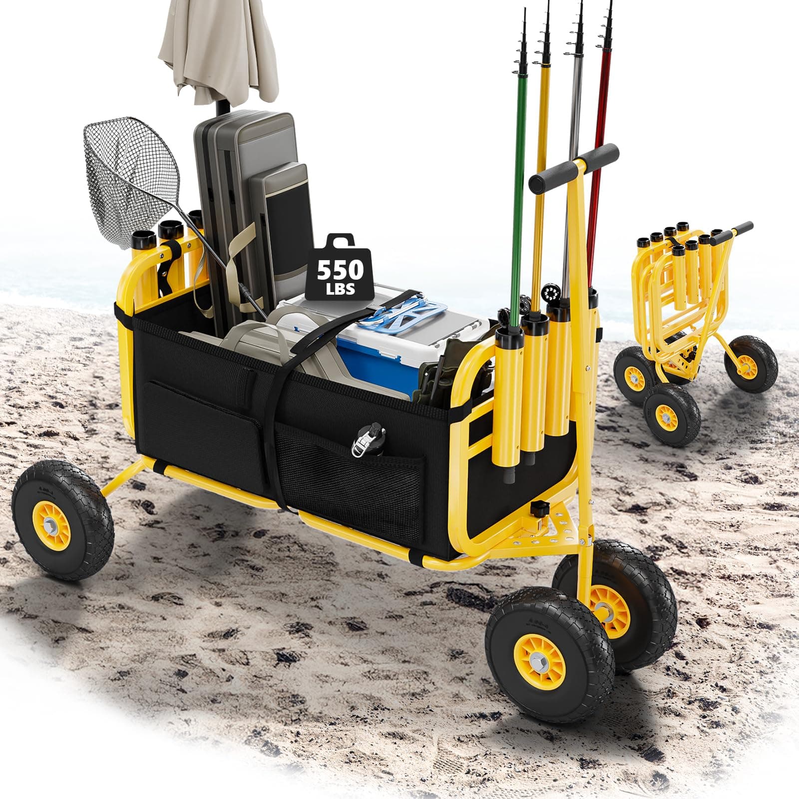 Bonnlo Beach Fishing Cart, Beach Wagon Trolley with 11" Big NO-Flat Airless Tires, Foldable Beachs Trailer with Large Cargo Basket, 550 lbs Load Capacity, 8 Fishing Rods Holder, Durable Oxford Bag