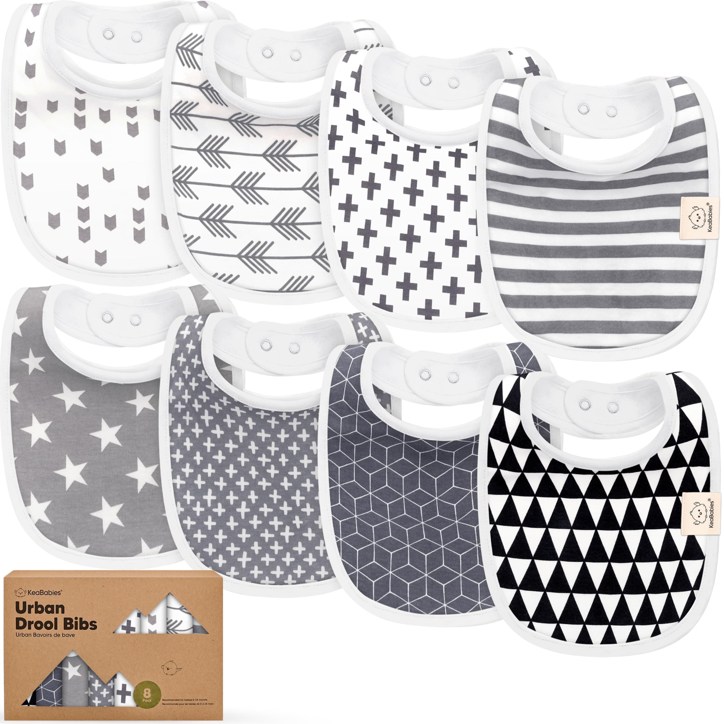 8-Pack Organic Baby Bibs for Boys, Girls - Soft Cotton Drooling and Teething Bibs for Baby Girl & Boy, Extra Absorbent, Easy To Clean & Put On for Toddler, Newborn, Infant 0-24 Months(Grayscale)