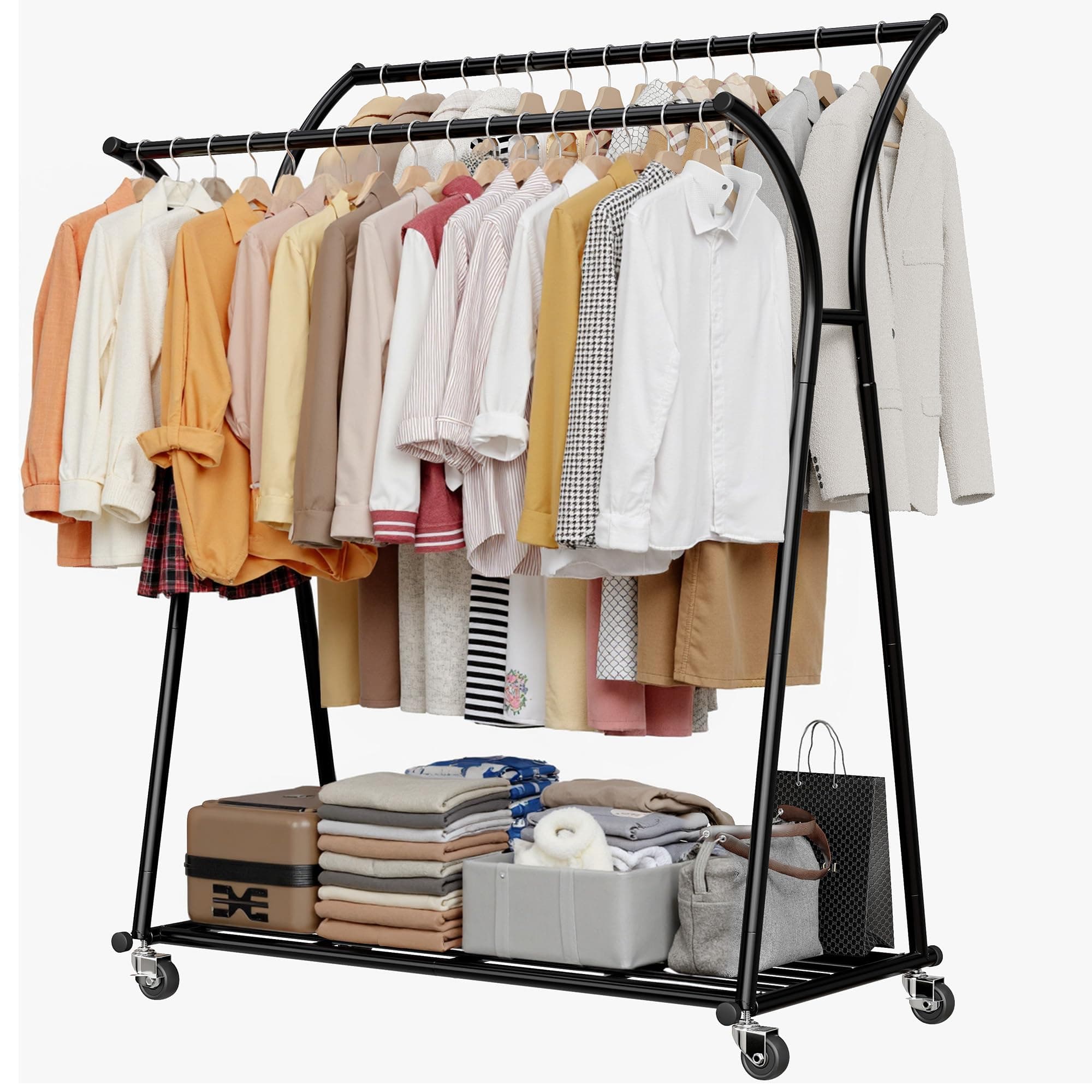 Heavy Duty Clothes Racks for Hanging Clothes, Clothing Rack with Wheels Load 360LBS, Portable Double Rod Garment Racks for Closet, Bedroom, Commercial Use, 69''H*52''W*20''D, Black