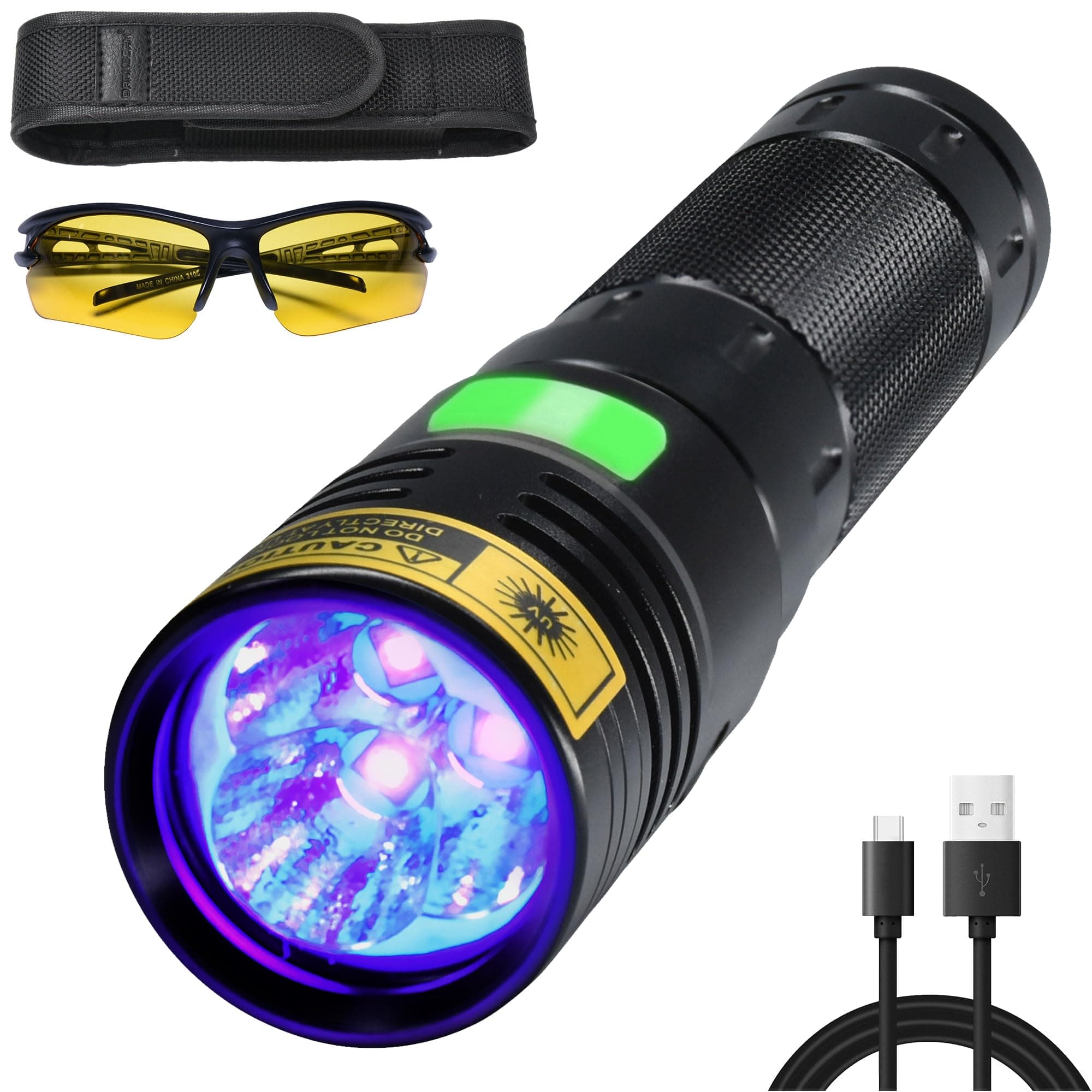 UV Flashlight 395nm Black Light, 20W High Power 3 UV LEDs USB -C Rechargeable, Mini Woods Lamp Ultraviolet with Glasses- Detector for Pet Urine, Uranium Glass - Leak Detection - Curing Resin