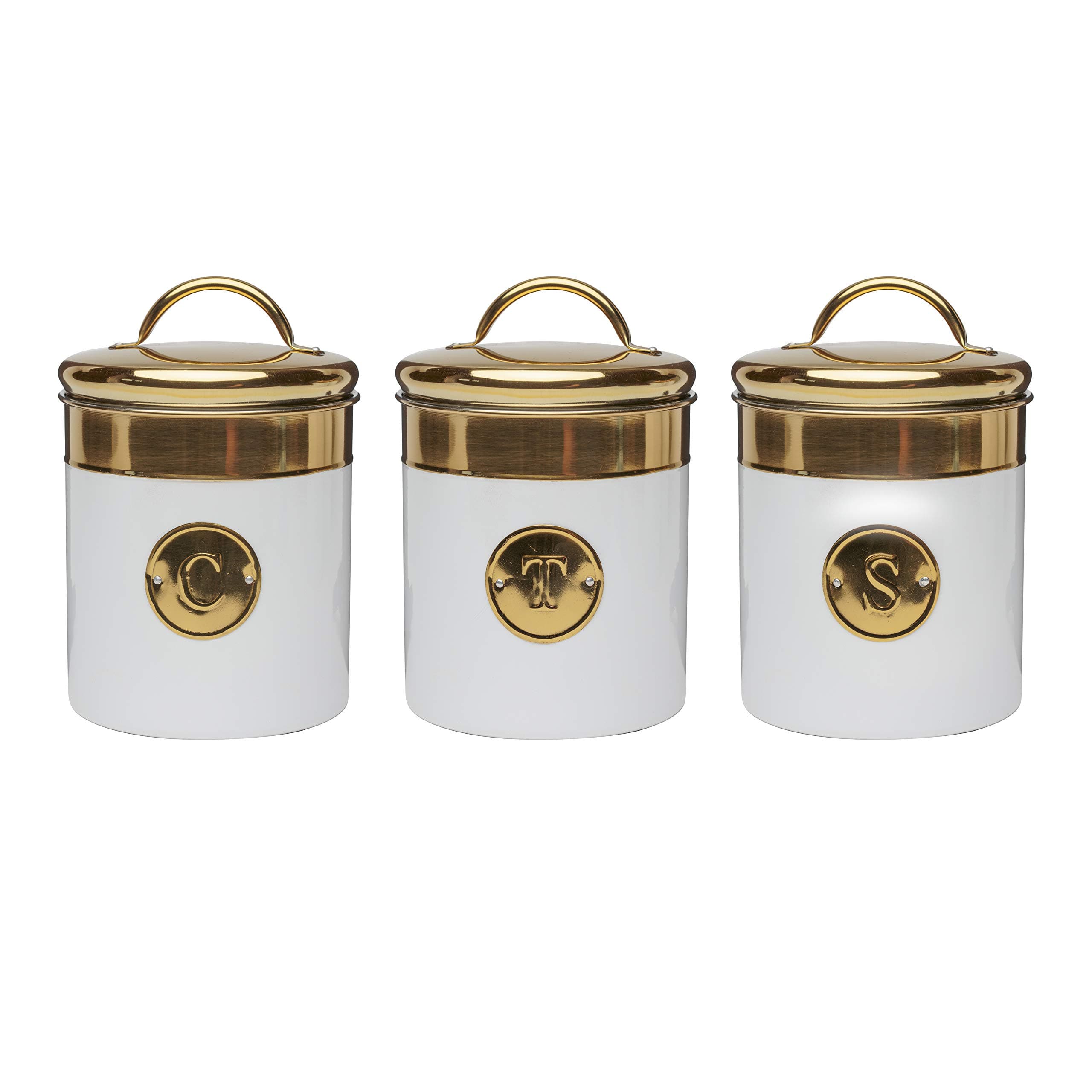 Amici Home Simone White with Gold Monogram Emblems 76 oz Metal Storage Canisters, Set of 3