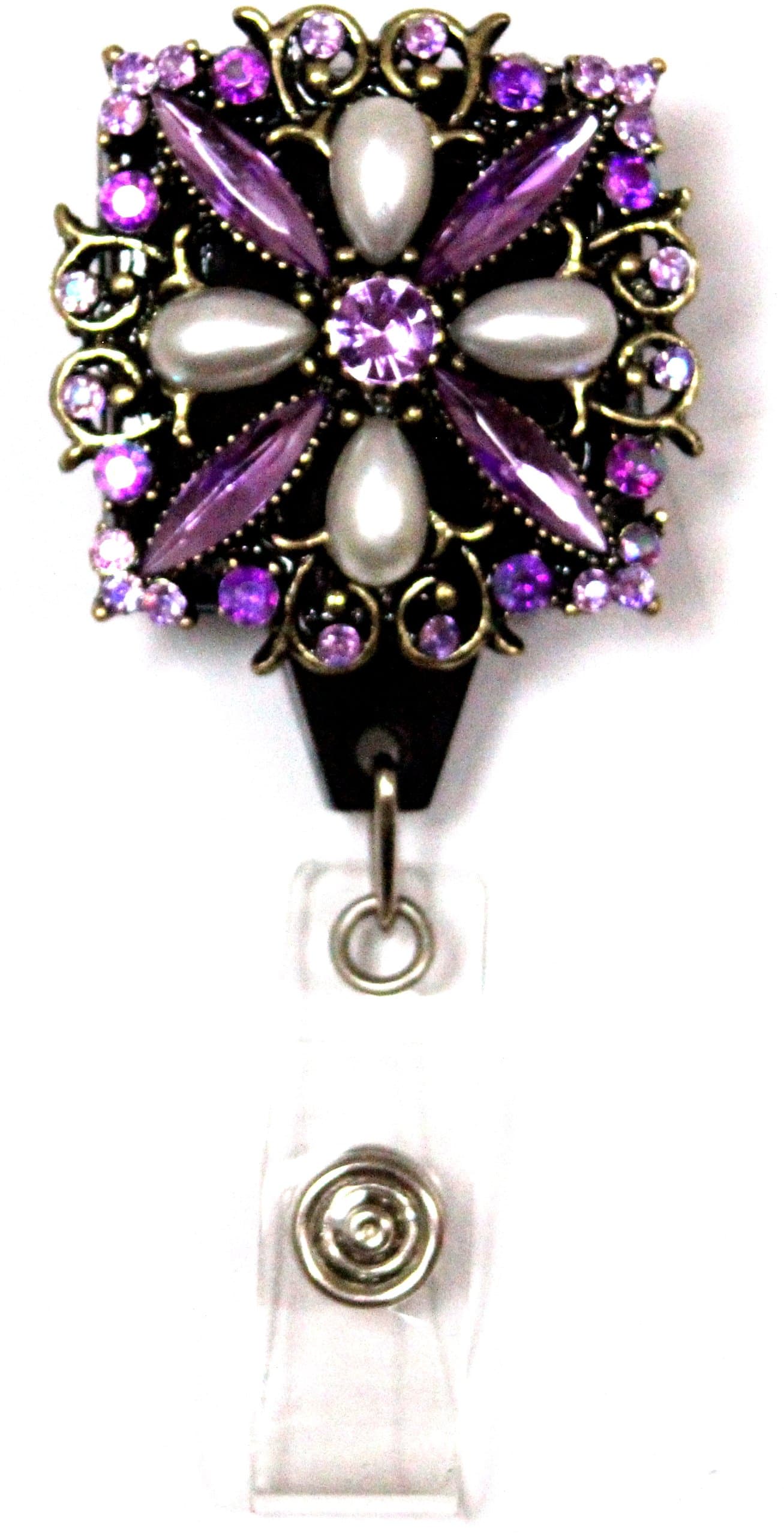 Square Rhinestone Fashion Badge Holder Retractable Reel with Slide Type Belt Clip (Purple)