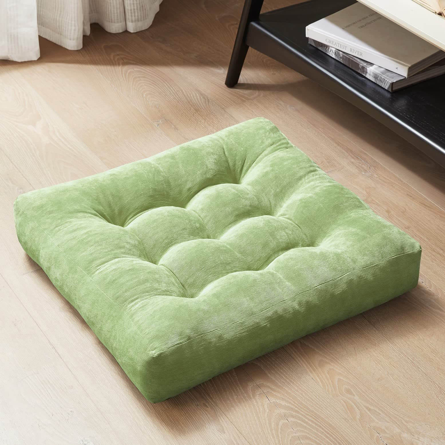 Degrees of Comfort Meditation Floor Pillow, Square Large Pillows Seating for Adults, Tufted Corduroy Cushion for Living Room Tatami, Green 22x22 Inch