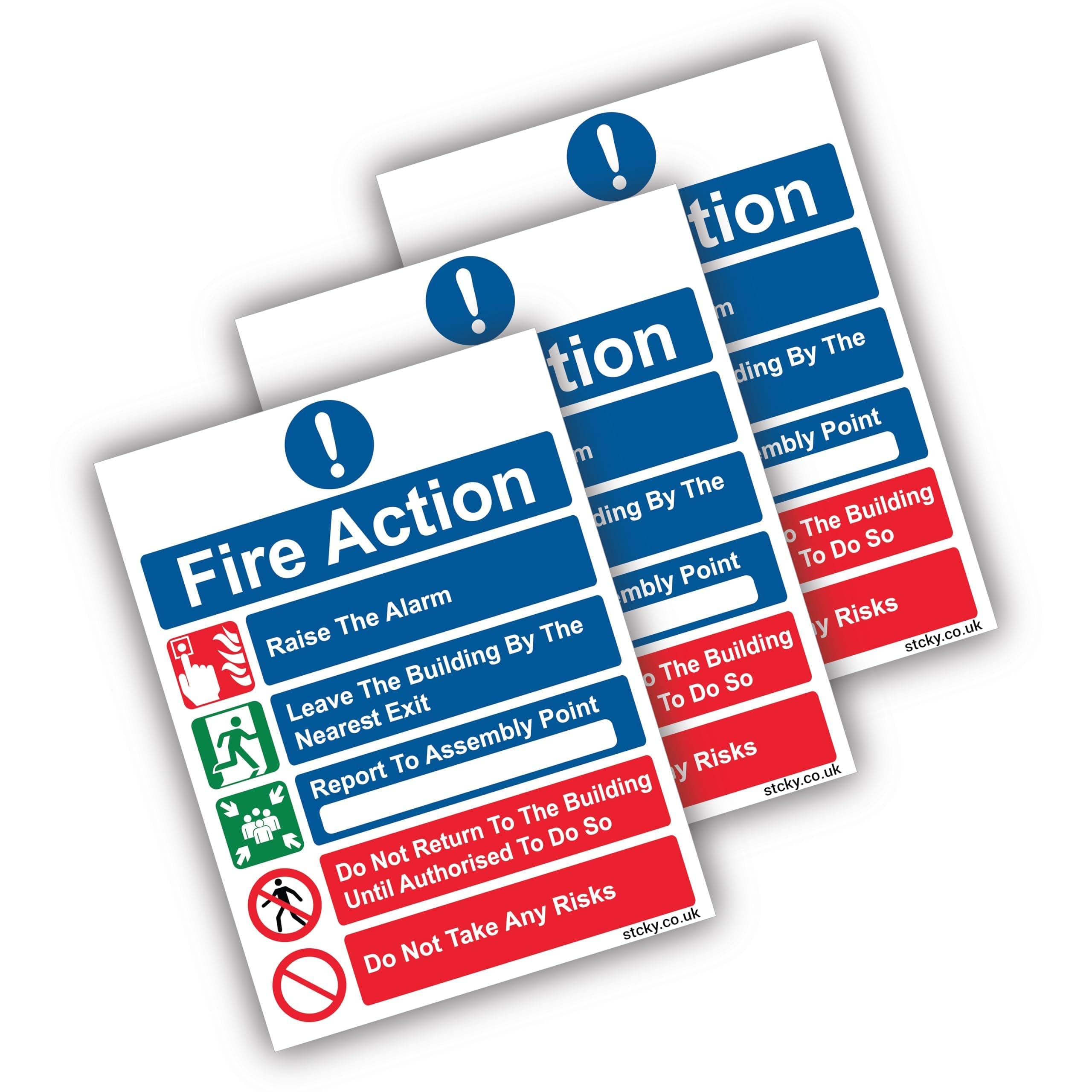 Stcky Fire Action Notice Sign (Pack of 3) - 20 x 15 cm Premium Vinyl Sticker Fire Signs | Fire Signage- Durable, Self Adhesive, UV resistant & Waterproof Health and Safety signs