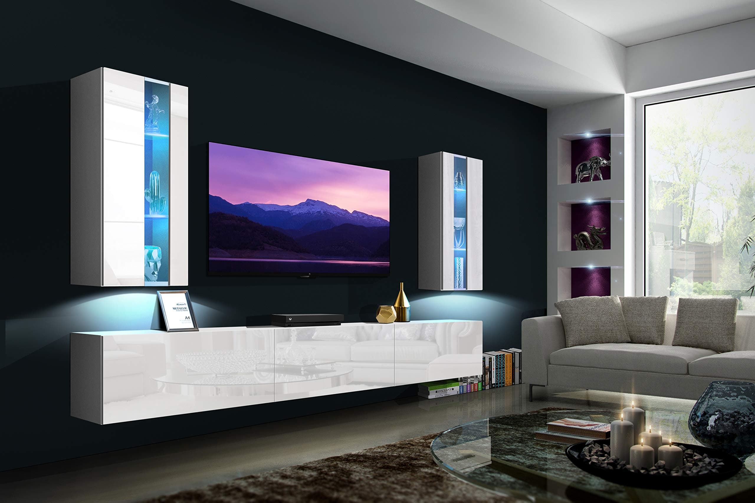 HomeDirectLTD NEXT AN20/18W/HG2 Wall Console Unit, Premium Entertainment Package, High Gloss, White (White Mat Base/White High Gloss Front, RGB LED)