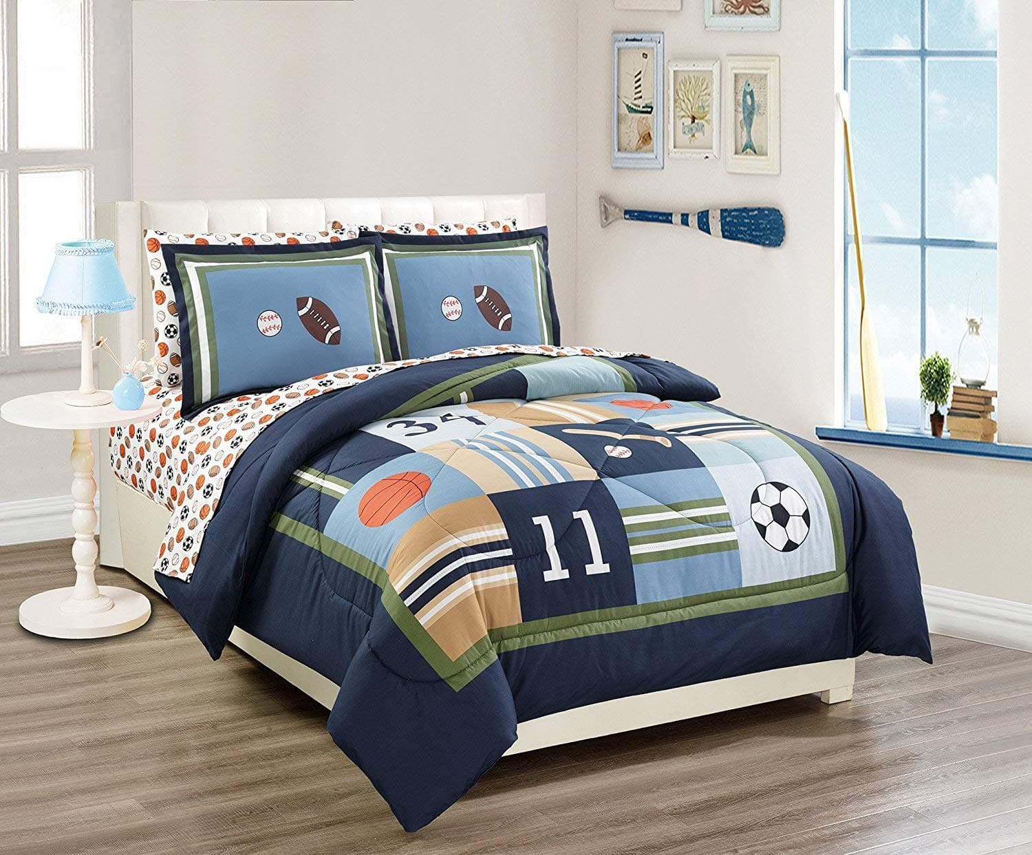 Multicolor Sports Basketball Baseball Soccer Football Design 5 Piece Twin Size Comforter Bedding Set for Boys/Kids Bed in a Bag with Sheet Set # Sports Navy (Twin Size)
