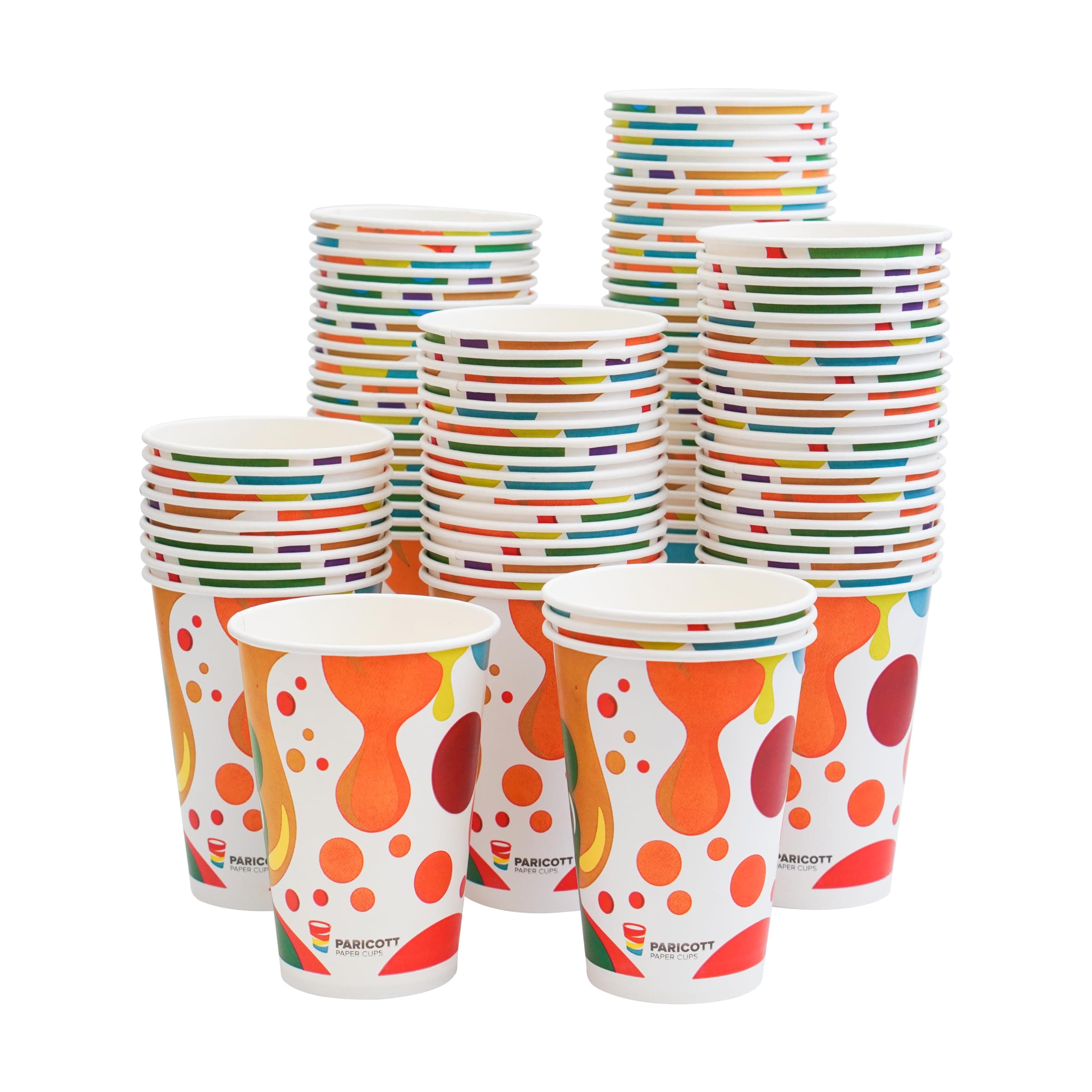 PARICOTT 300ml – 50 Cups | Multi Drop Printed Paper Cups | Disposable Use & Throw Cups for Tea, Coffee, Juice, Water, Wine, Cocktail, Parties, Events, Wedding, Travel – Eco-Friendly