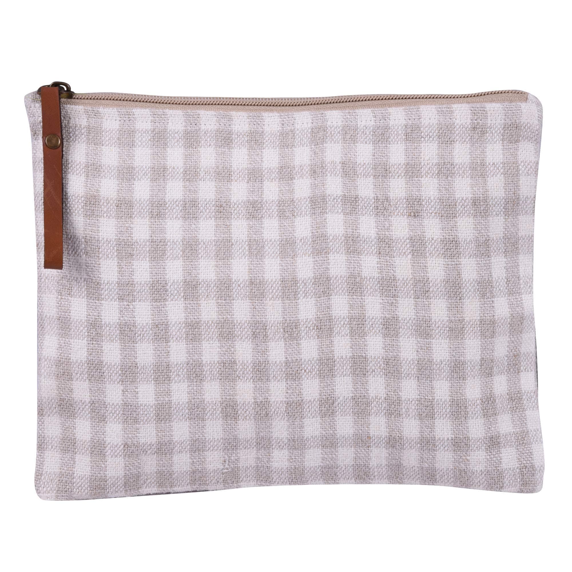 Gingham Check Linen Single Compartment Multipurpose Makeup Pouch