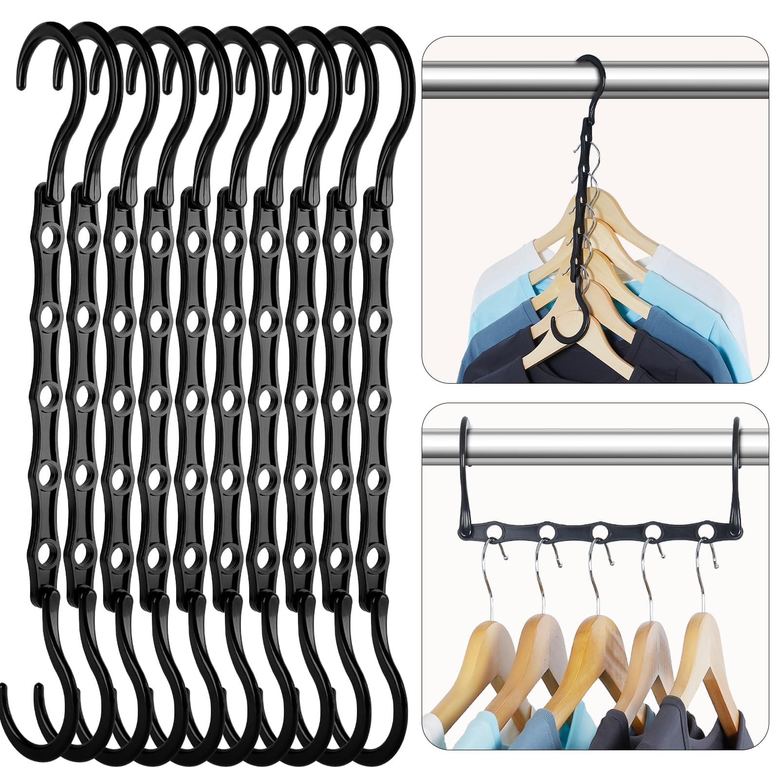 HOUSE DAY Black Magic Space Saving Hangers, Premium Smart Hanger Hooks, Sturdy Cascading Hangers with 5 Holes for Heavy Clothes, Closet Organizers and Storage, College Dorm Room Essentials 10 Pack