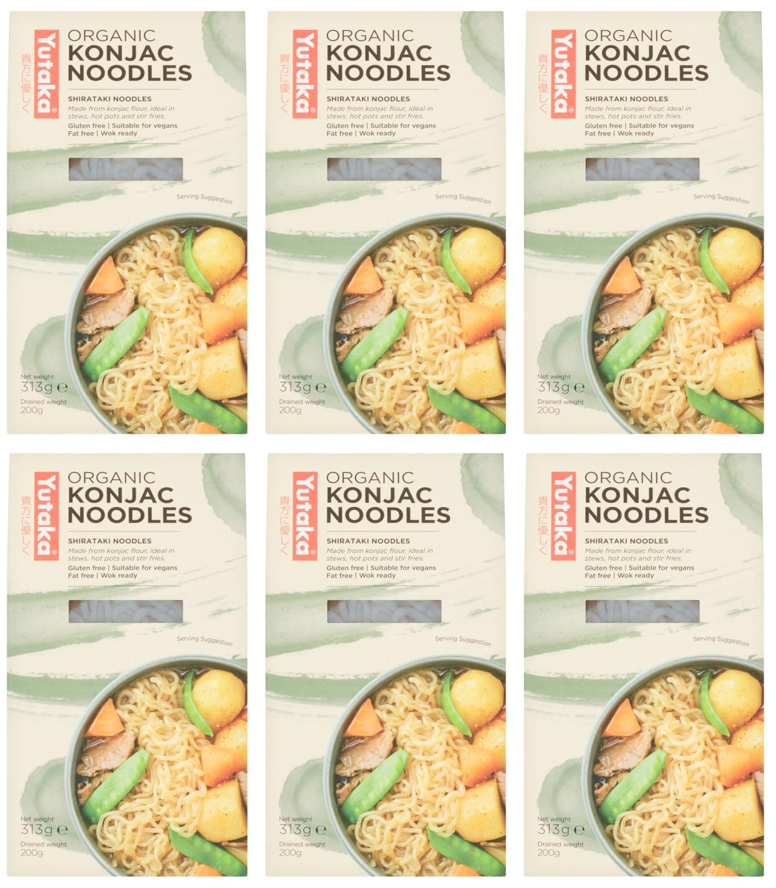 Yutaka Organic Konjac Noodles 375g (Pack of 6) | Japanese Shirataki Noodles | Low-Calorie, Low-Carb & Fat-Free | Ideal for Stir-Fries, Soups, Salads & Hot Pots | Vegan & Gluten-Free