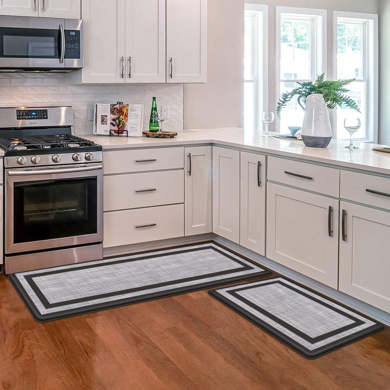 KMAT Kitchen Floor Mat [2 PCS] Cushioned Anti-Fatigue Kitchen Rug, Waterproof Non-Slip Kitchen Mats and Rugs Ergonomic Comfort Standing Foam Mat for Office, Sink, Laundry(Stylish Black)