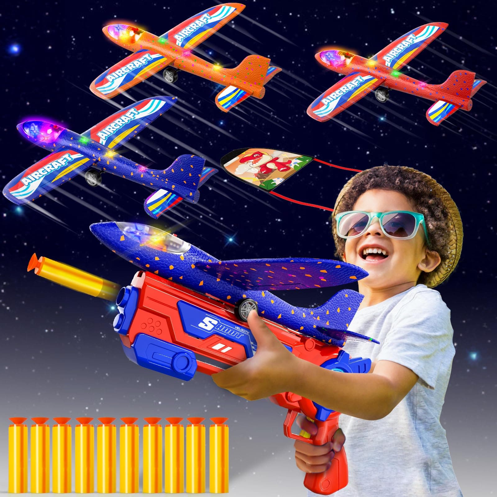 4 IN 1 Airplane Launcher Toys, LED Foam Glider Airplane Catapult, 2 Flight Modes, Outdoor Sports Flying Toys 3-12 Years Old Boys Girls Birthday Gifts
