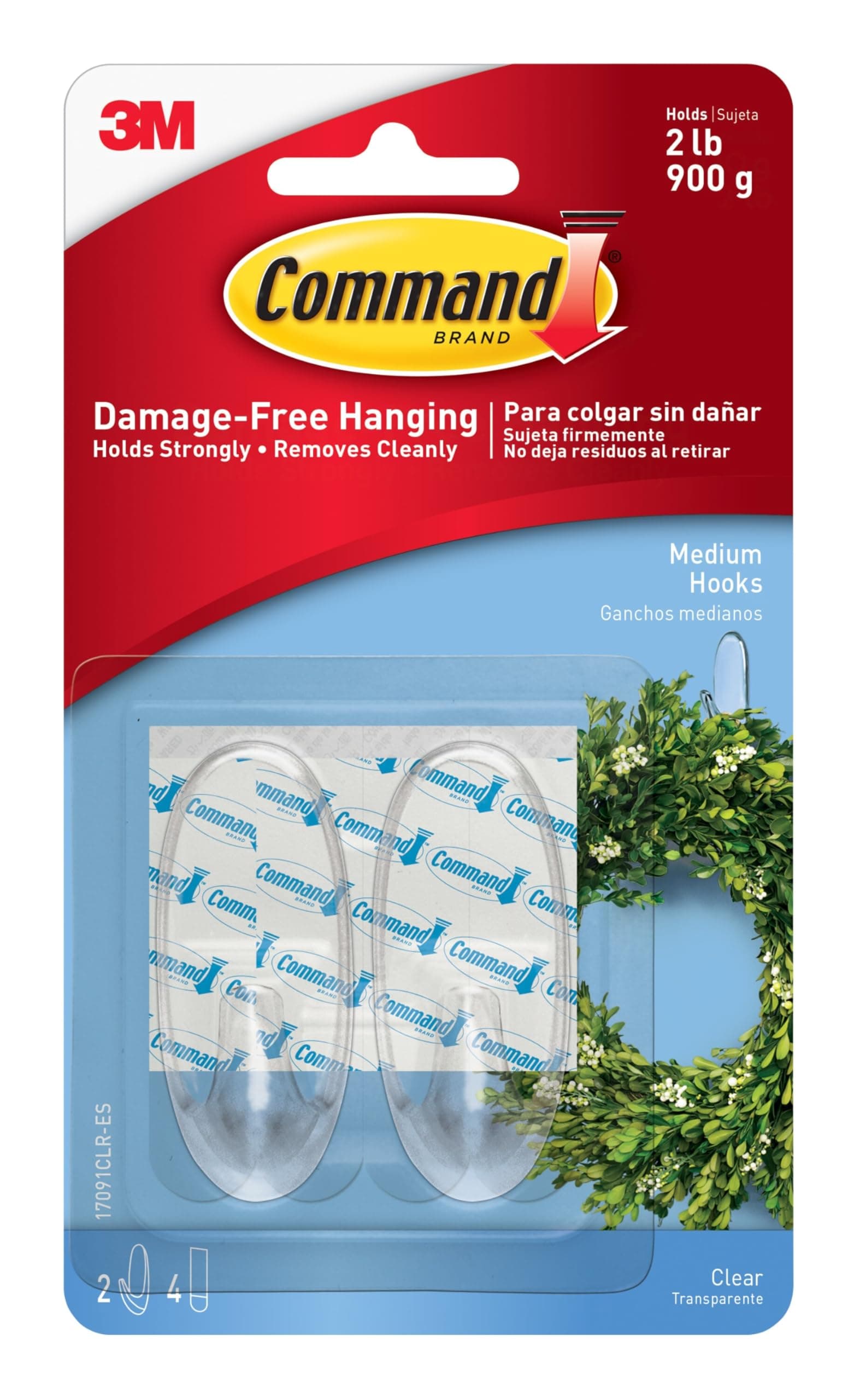 3M Command Clear Medium Wall Hooks, holds 900gms, no paint damage, Holds Strongly, Adhesive hooks for wall, Reusable, Multi-surface (Transparent, 2 hooks, 4 strips)