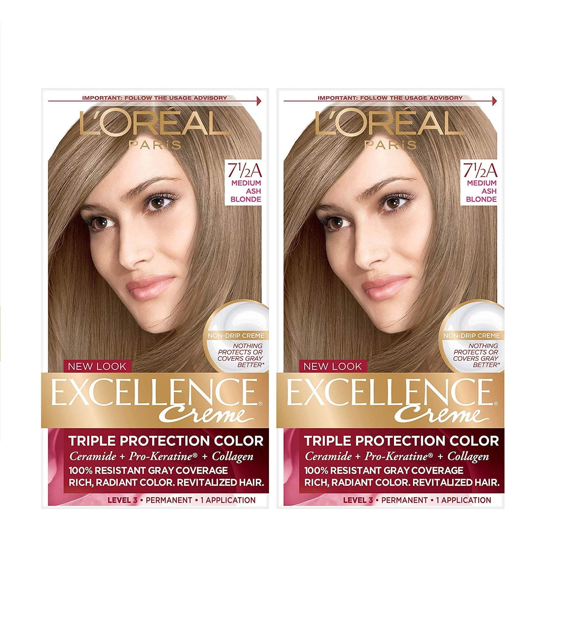 L'Oreal Paris Excellence Crème Permanent Hair Dye, Triple Care Hair Color with Hyaluronic Acid for 100% Gray Coverage, 7.5A Medium Ash Blonde, 1 Kit (Pack of 2) (Packaging May Vary)