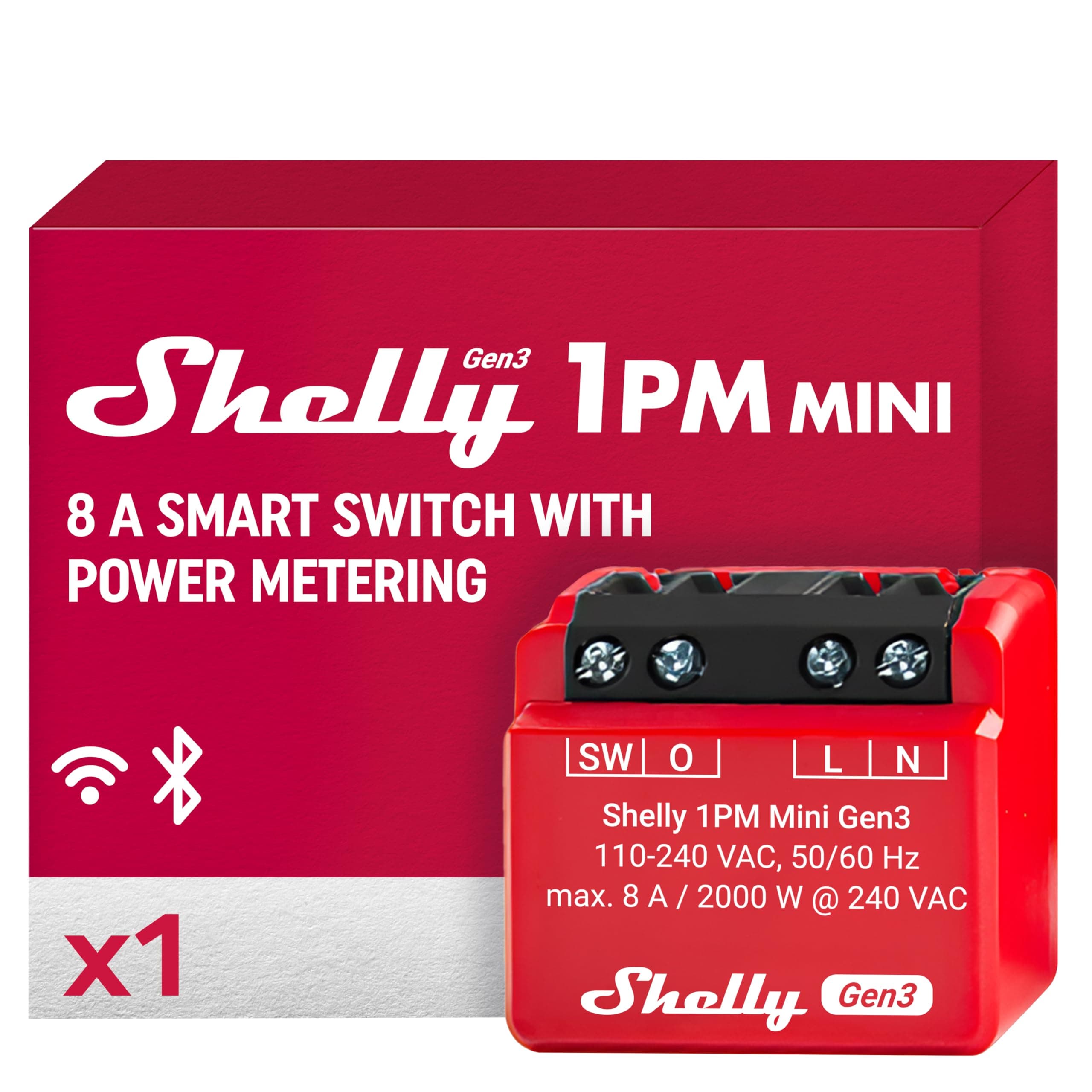 Shelly 1PM Mini Gen3 | WiFi Smart Switch Relay, 1 Channel 8A with Power Measurement | Home Automation | Bluetooth Gateway | Compatible with Alexa & Google Home | iOS Android App | No Hub Required