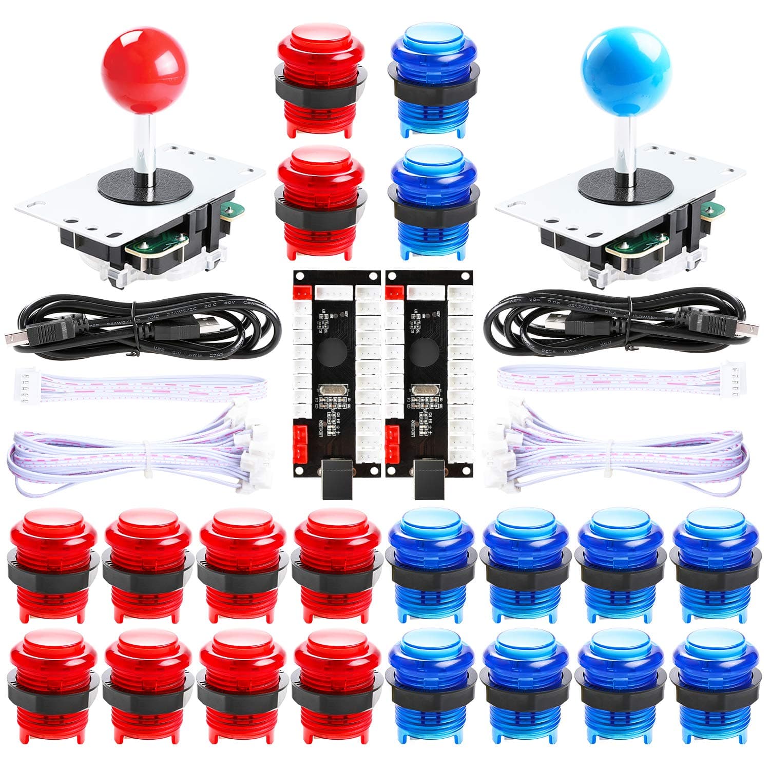Hikig 2 Player led Arcade Buttons and joysticks DIY kit 2X joysticks + 20x led Arcade Buttons Game Controller kit for MAME and Raspberry Pi - Red + Blue Color