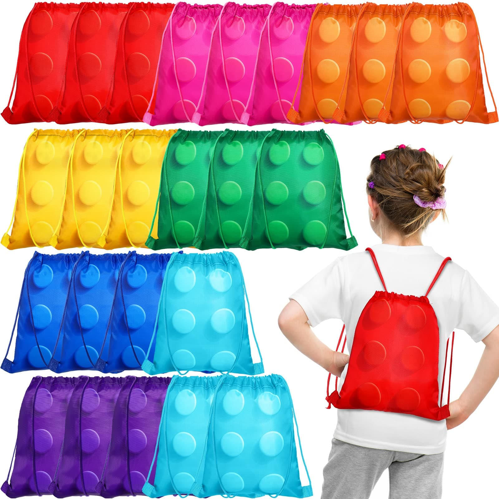 24 Pack Building Block Party Favor Bags Building Block Treat Goodie Drawstring Brick Bags for Kids Birthday Party Supplies Decorations