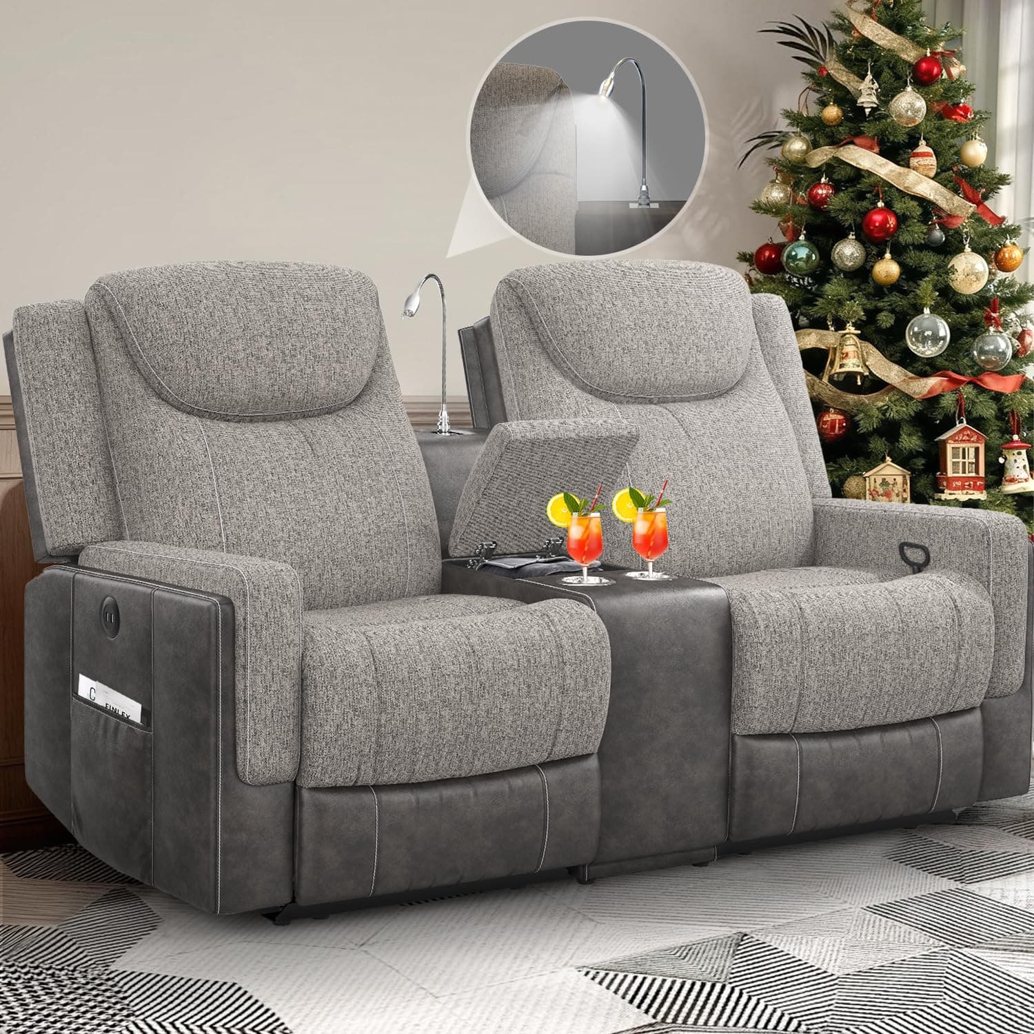Loveseat Recliner Sofa, Manual Reclining Loveseat with Reading Light, Chic Blend Style Sofa, Storage Console, Cup Holders, USB Ports, Fabric & PU Leather, Recliner Couch for Living Room/RV