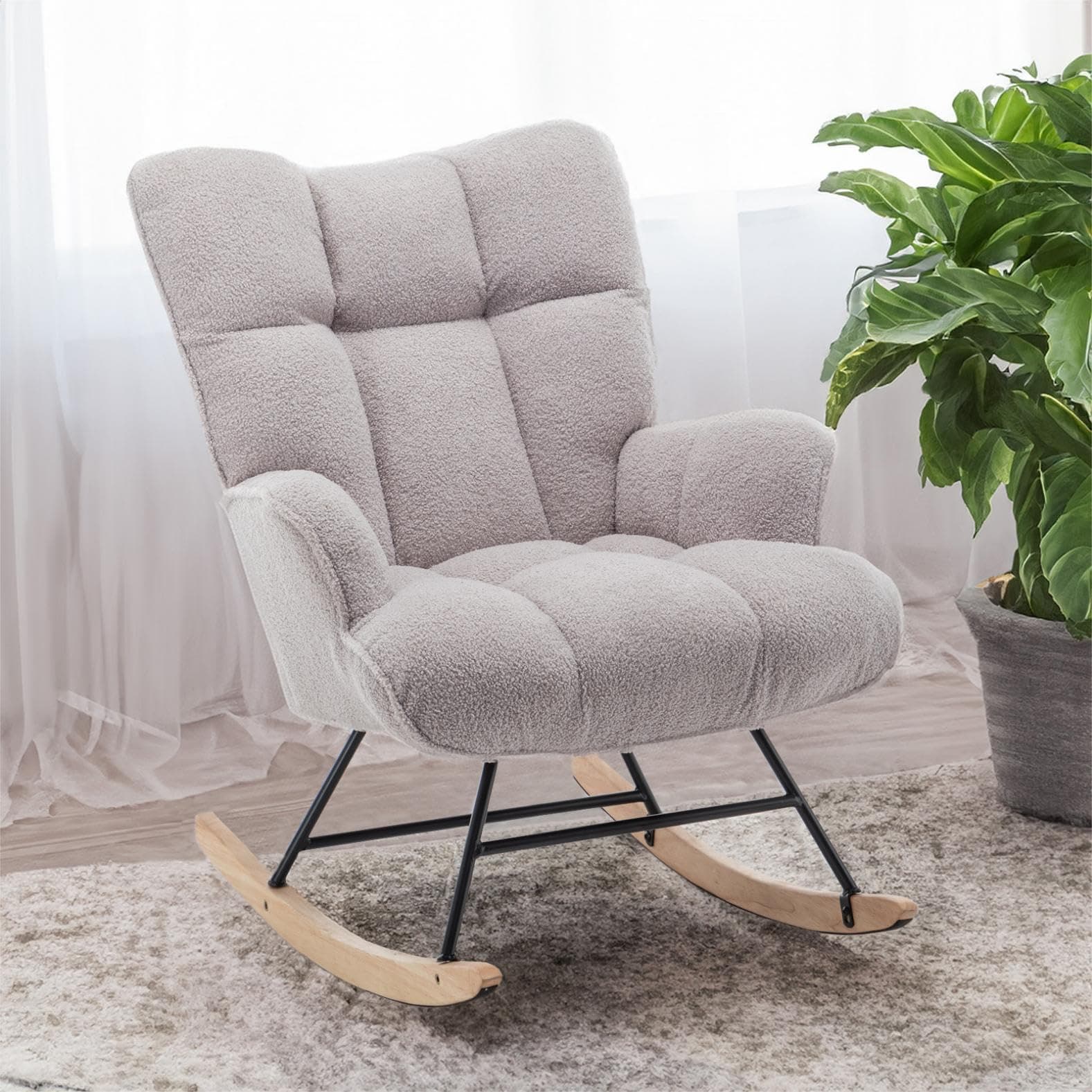 SAETSFEG Nursery Teddy Upholstered Baby Fluffy Glider Rocker for Adults Small Space Indoor Comfortable Sherpa Compact Nursing Chair for Living Room Bedroom Classroom Grey