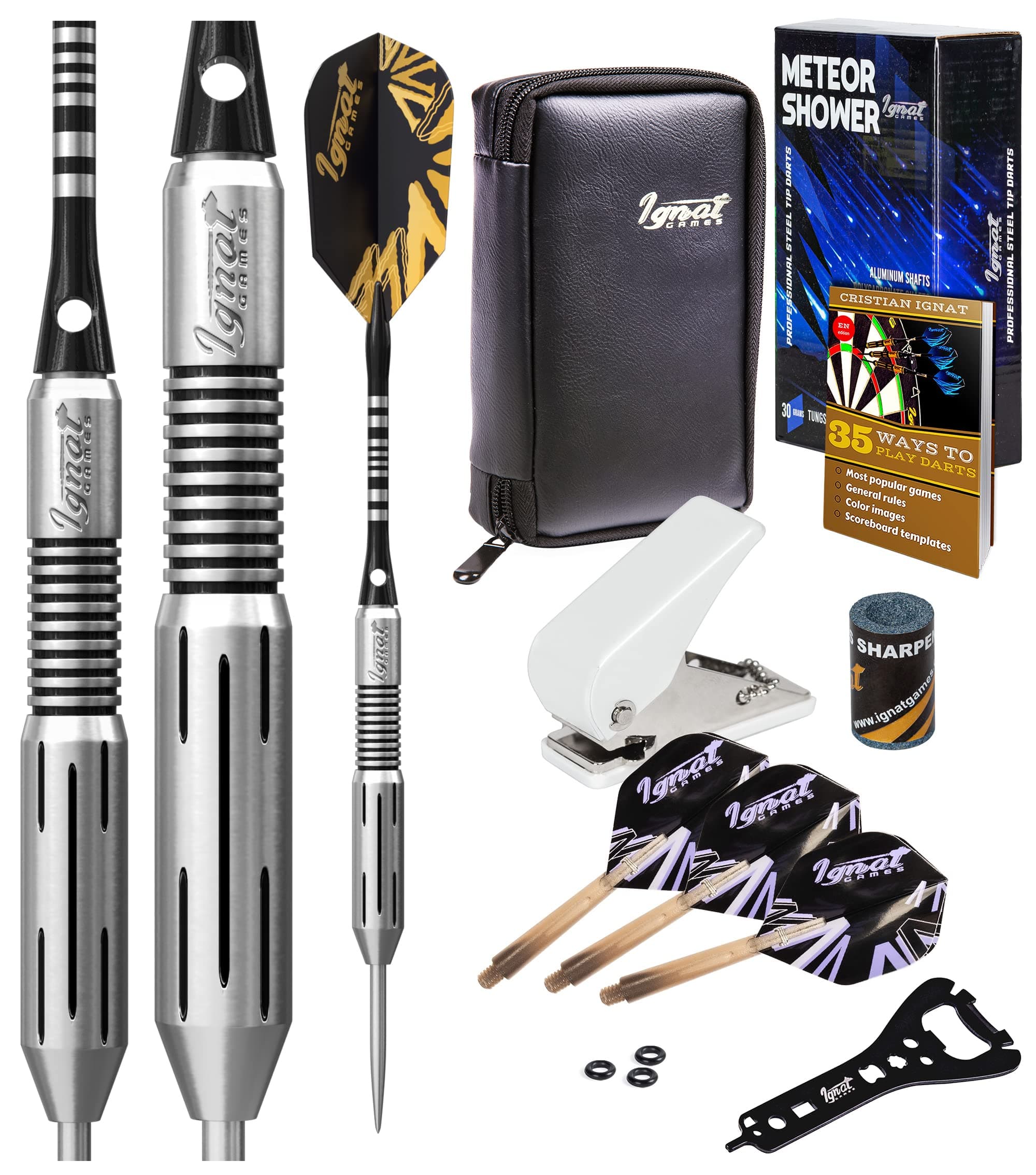 IgnatGames Steel Tip Darts Set - Professional Tungsten Darts with Stylish Wallet, Aluminum and Polycarbonate Shafts with Rubber O'Rings + Standard and Slim Flights + Darts Sharpener + Darts Wrench