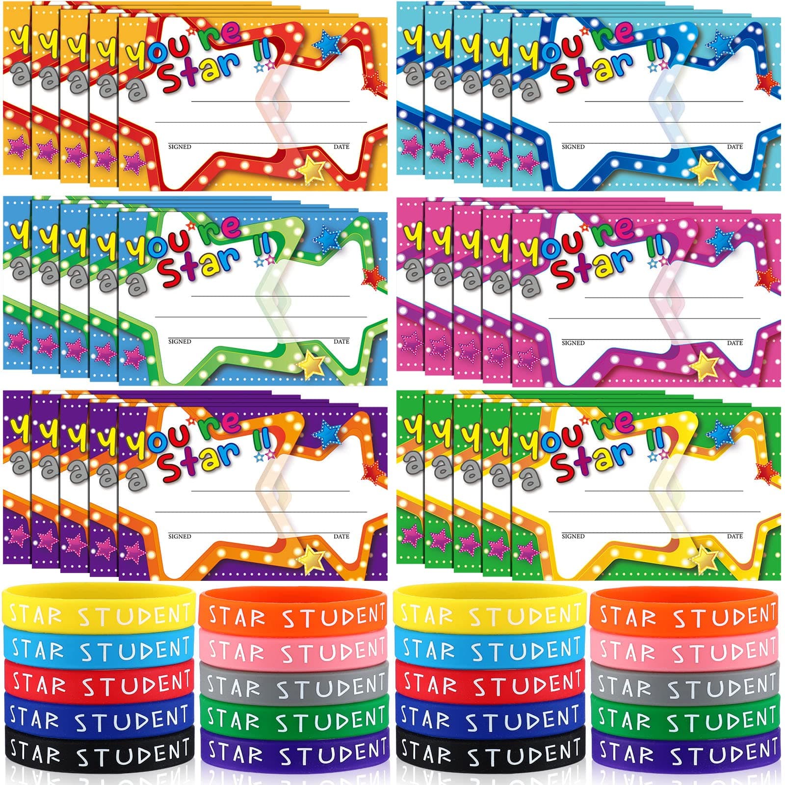 EaastyEaasty 60 Pcs Marquee You're a Star Student Certificates Preschool Award Card Super Star Happy Birthday Wristband Award Recognition Positive Behavior of The Week Certificate for Kid(You are Star)