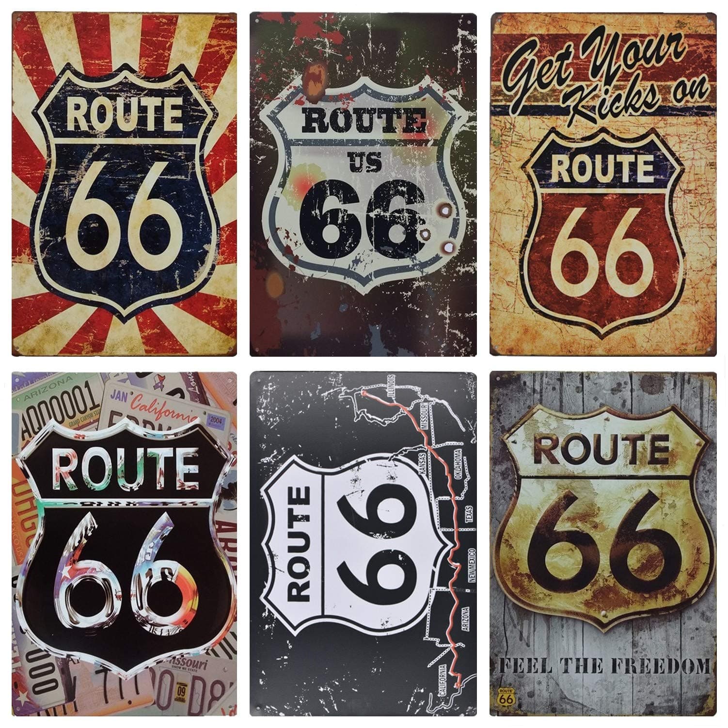 MGJJ Route 66 Retro Tin Sign for Home Decoration 6pcs 30cm20cm (7.87 * 11.81inch)