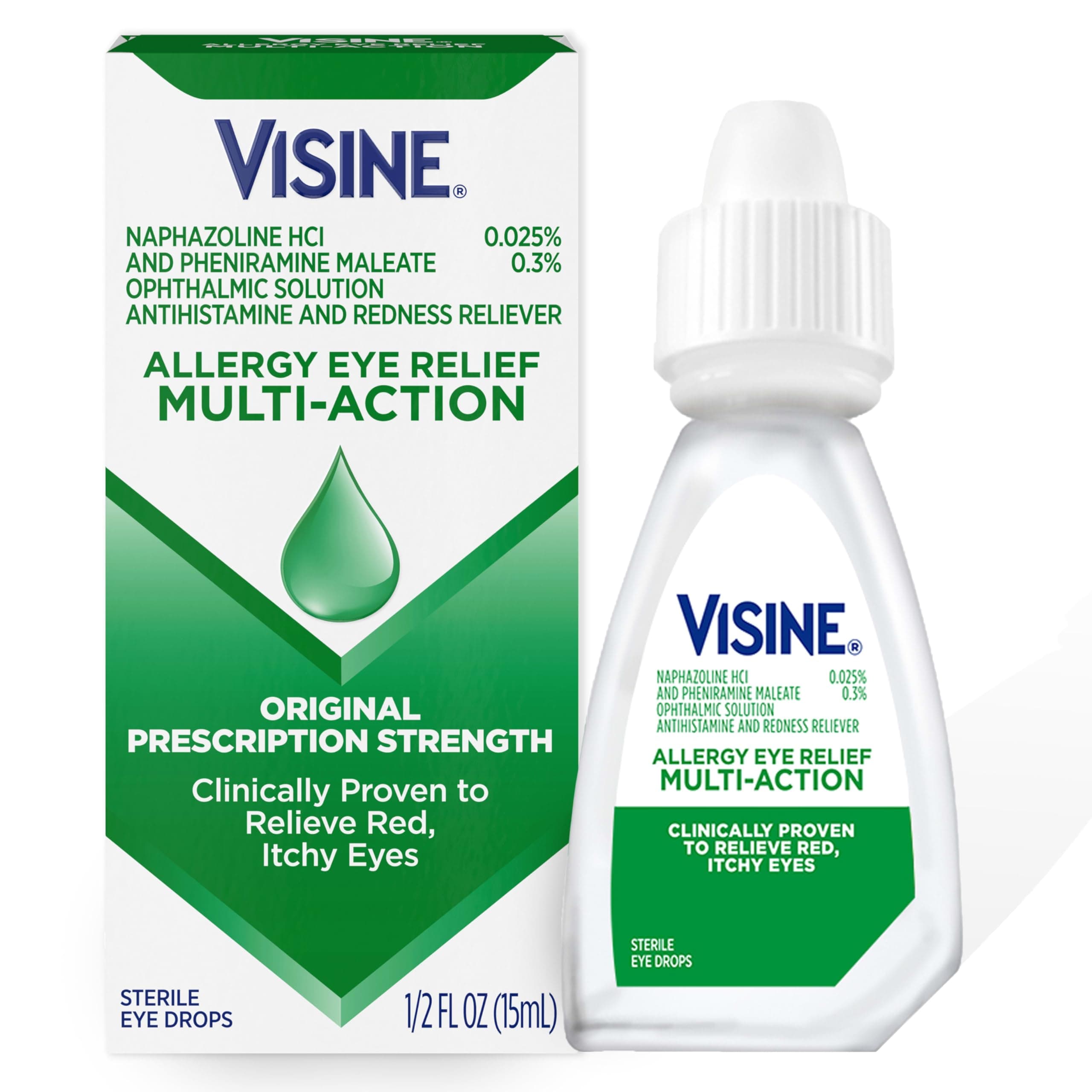 Visine Allergy Eye Relief Multi-Action Antihistamine & Redness Reliever Eye Drops with Pheniramine Maleate & Naphazoline HCl, Allergy Eye Drop Treatment for Red, Itchy Eyes, 0.5 fl. oz