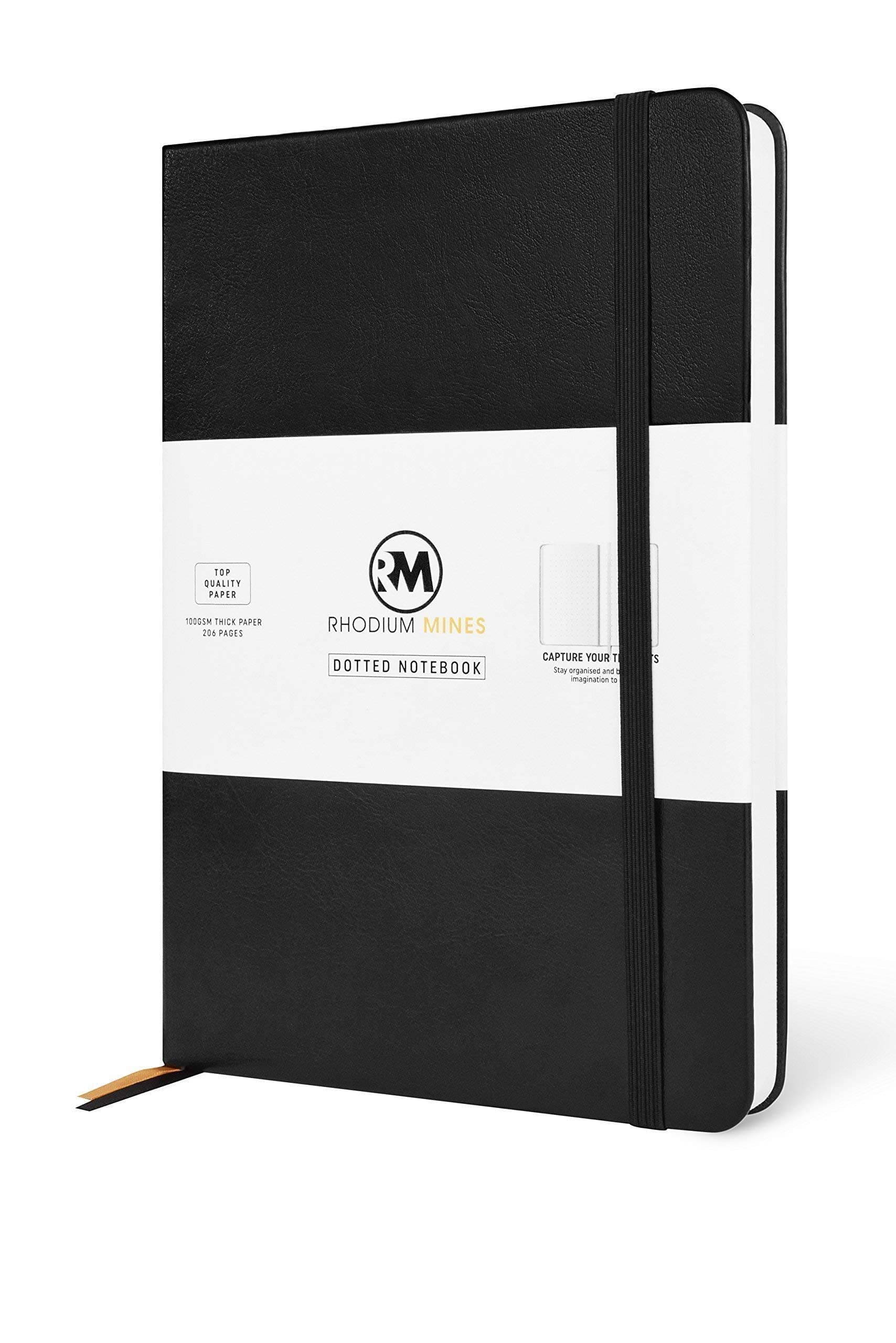 Rhodium Mines Dotted Notebook A5 Journal, Dot Grid 206 Pages, Hardback, Premium PU Leather, 100 GSM Hardcover Diary (Black, Dotted)