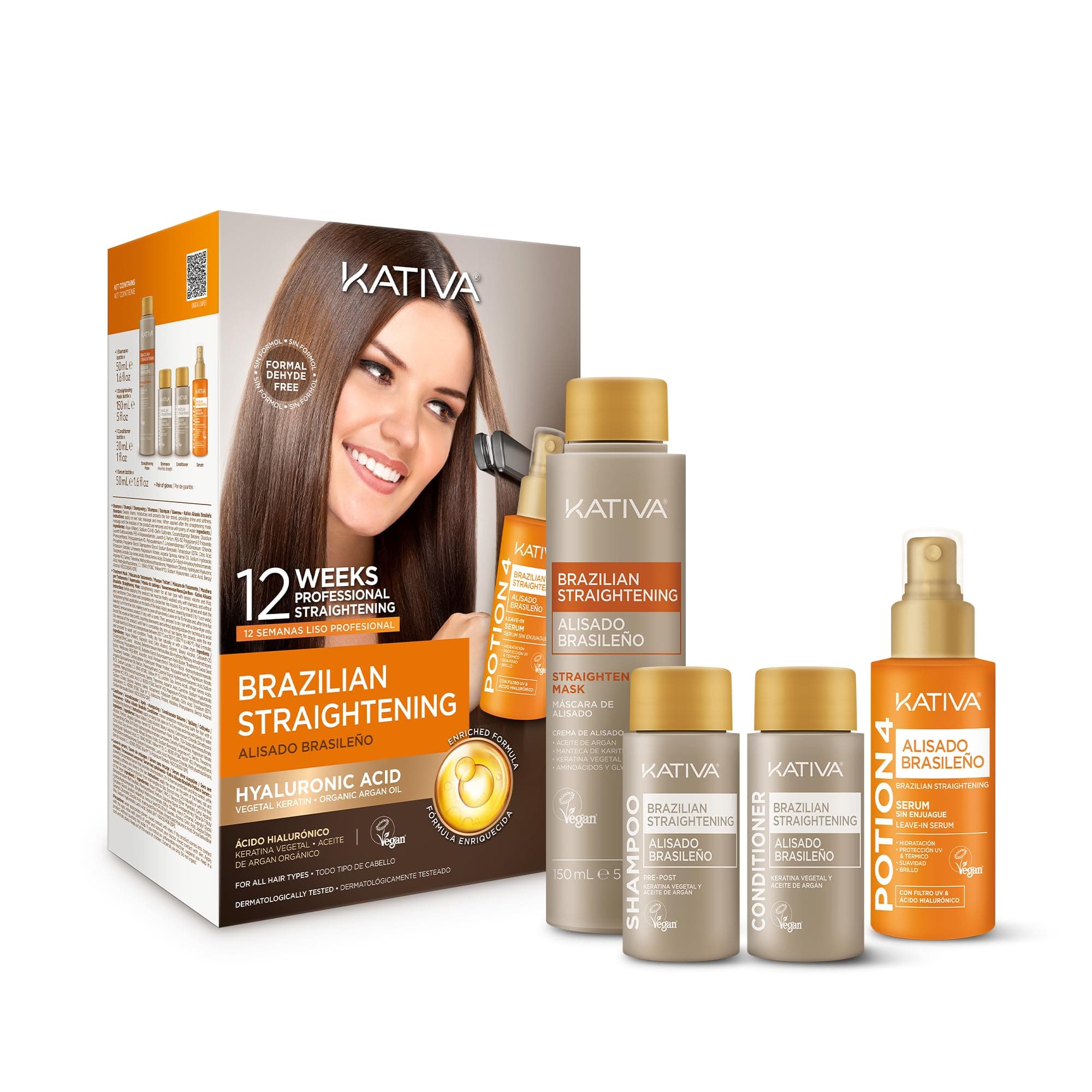 KATIVA Brazilian Keratin Straightening Kit - Alisado Brasileño Keratina + Potion 4 Heat Protectant Serum, Formaldehyde-Free Smoothing, Anti Frizz, Hyaluronic Acid, Argan Oil, Vegan, Up to 12 Weeks