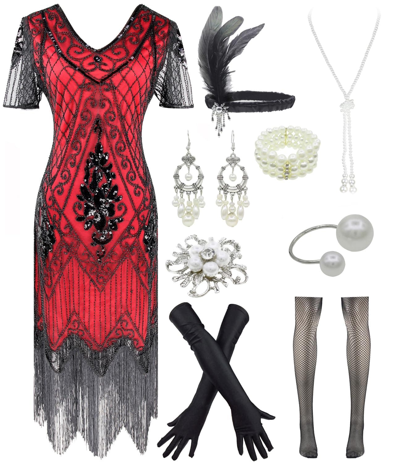 Women 1920s Gatsby Vintage Sequin Flapper Fringe Party Plus Dress with 20s Accessories Set