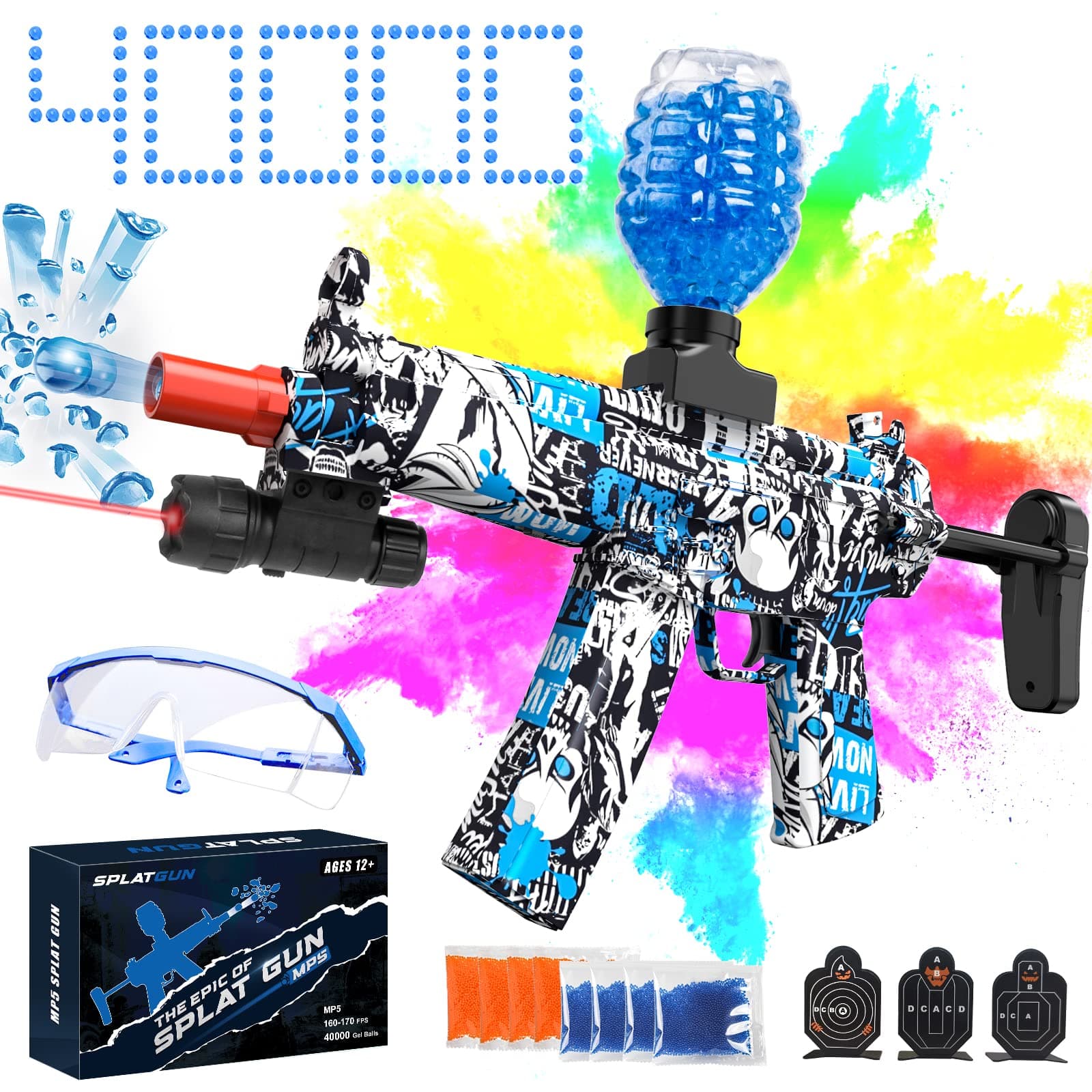 splat gunElectric Gel Ball Blaster Gun, with 40000 Gel Ball, Automatic Gel Ball Blaster, 10cm Extenable Stock, Suitable Adults and Kids Outdoor Team Shooting Game (Blue)