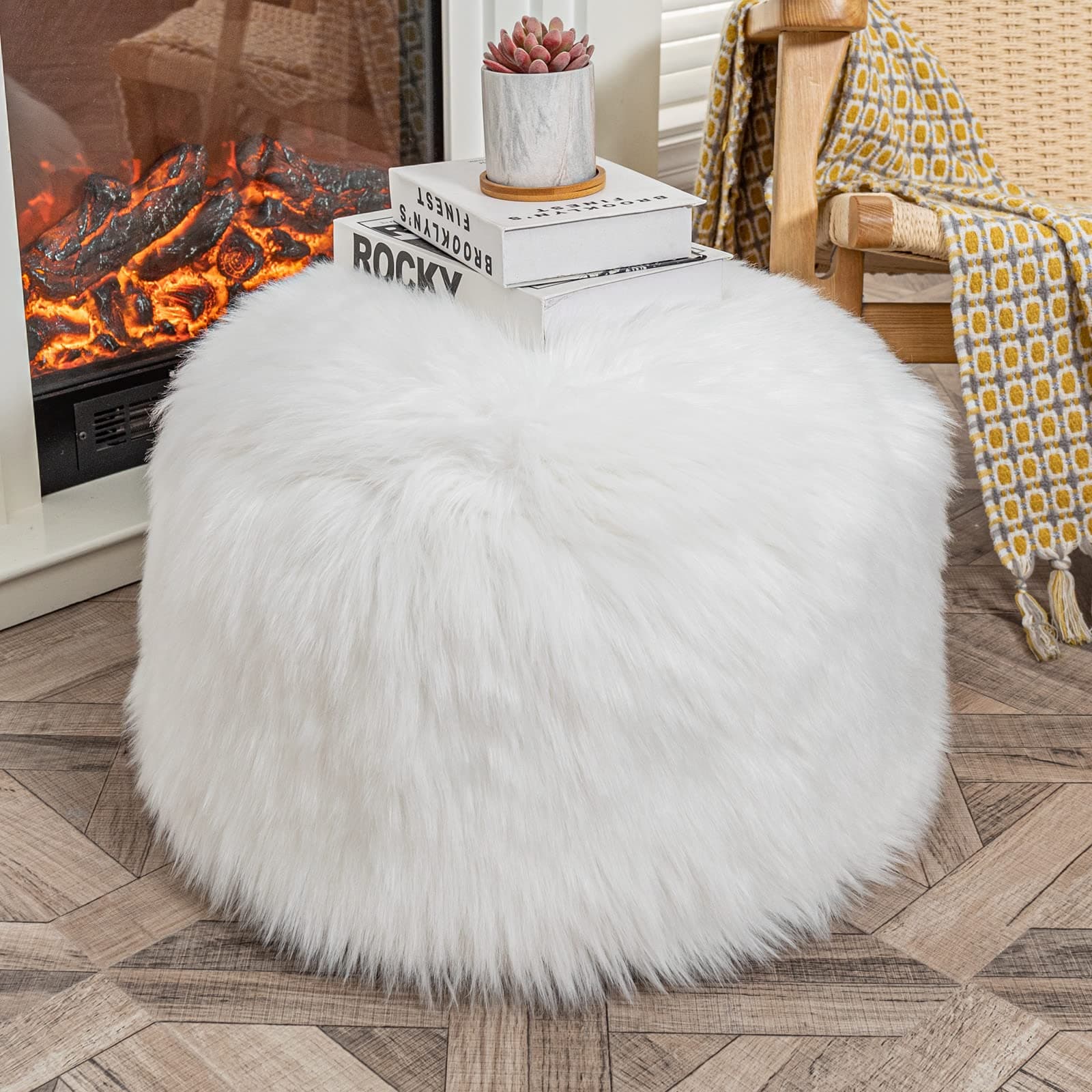 Fur Pouf Ottoman Unstuffed Floor Pouf White Ottoman Foot Rest NO Filler 20x20x12 Inches Round Poof Seat Floor Bean Bag Chair Foldable Floor Chair Storage for Living Room Bedroom White Cover ONLY