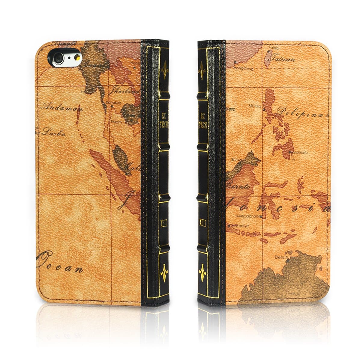 EC Technology? iPhone 6 Case Genuine Leather Wearable Handmade Wallet Classical Book Cover with Credit Card ID Holders for iPhone 6 4.7" -Map Pattern(Pattern is Different and Random delivery)