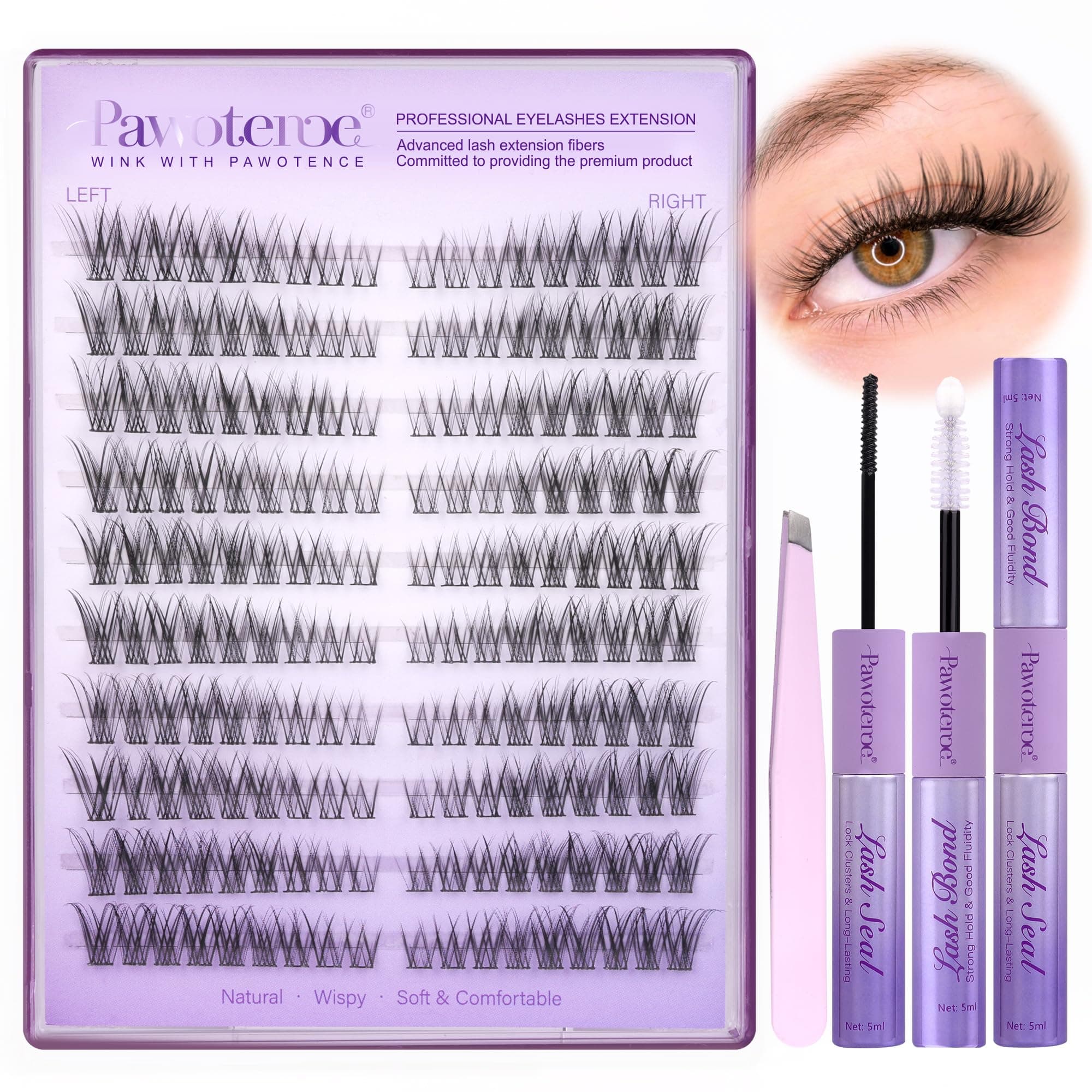 Pawotence Wispy Lash Clusters Kit Cat Eye Lash Extension Kit 180pcs Natural Individual Lashes Left Right Cluster Eyelash Extensions Kit with Lash Bond and Seal, Lash Tweezers for Self Application