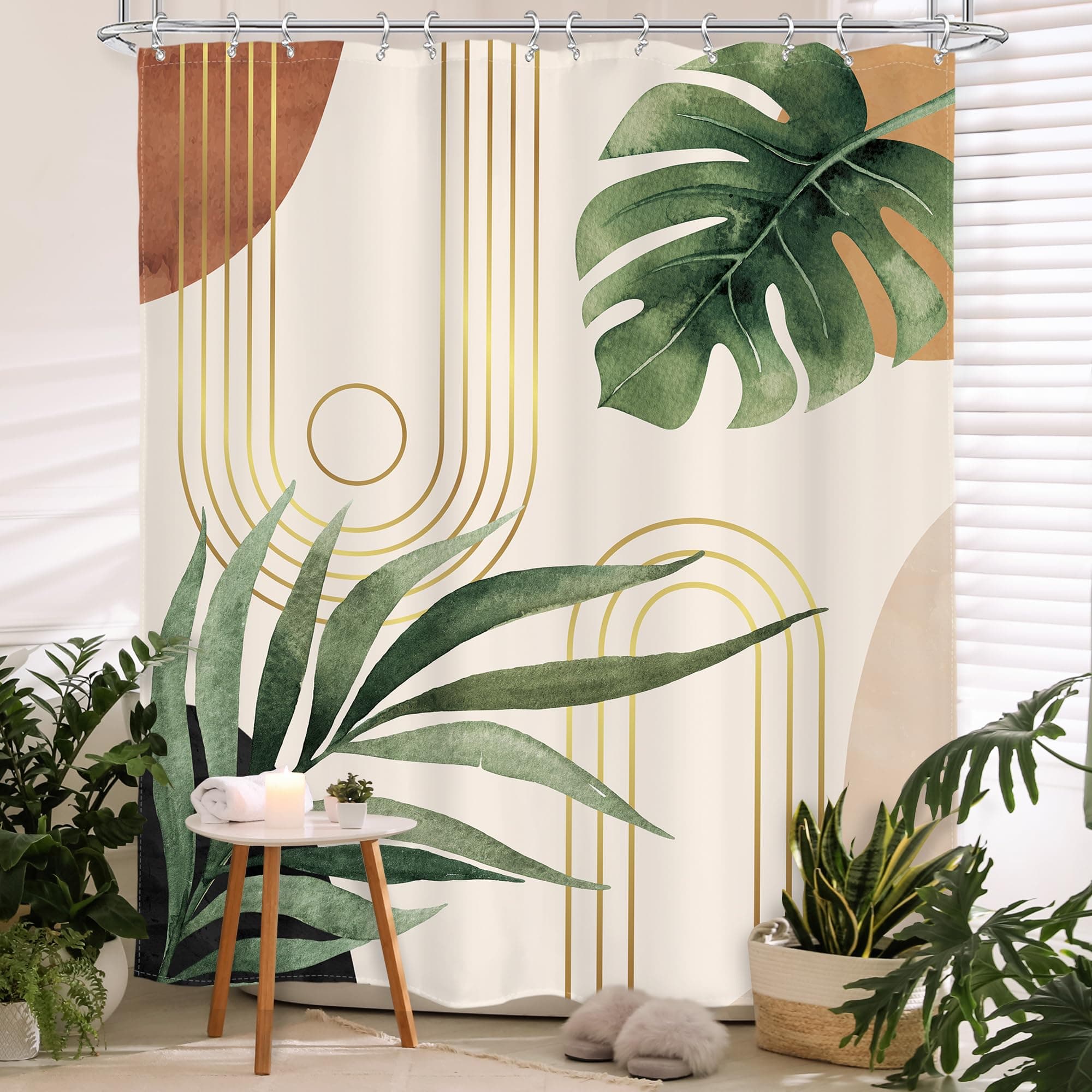 Glawry Boho Sage Green Shower Curtain 60Wx72L Inches, Abstract Bohemian Mid Century Bathroom Curtains, Plant Botanical Palm Leaf Cute Decor Fabric Shower Curtain Set Bathroom Rugs Waterproof 12 Hooks
