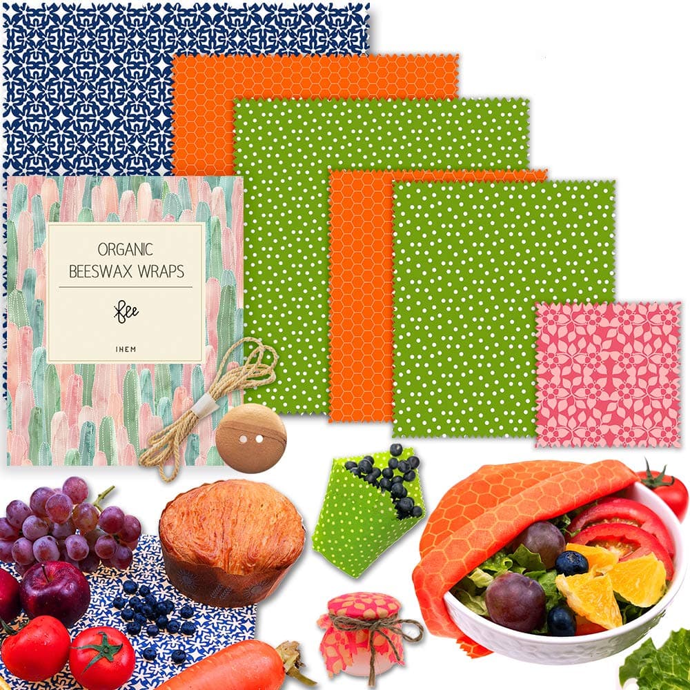 Beeswax Food Wrap, Set of 6 Pack Beeswax Wraps - Eco Friendly Reusable Food Wraps - Sustainable Plastic Free Food Storage - Sandwich Wrappers - Washable Bowl Covers