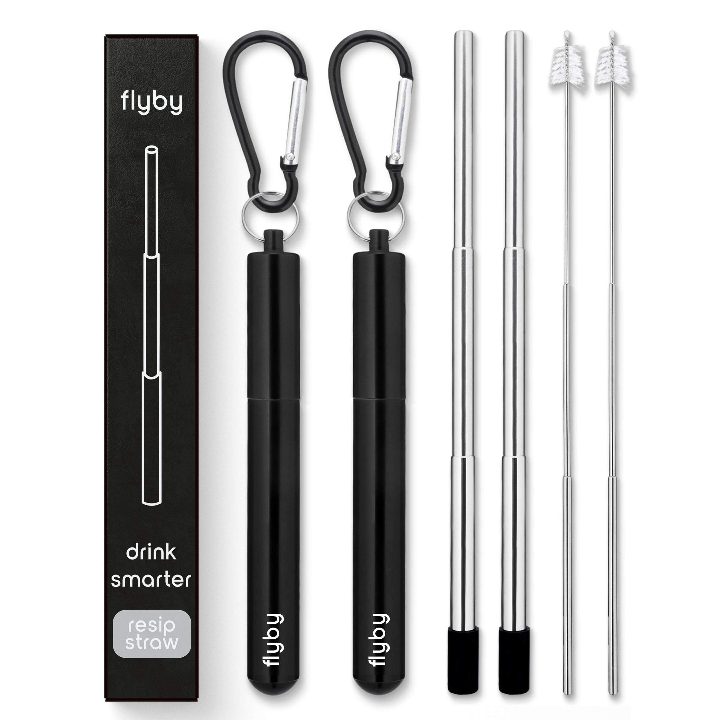Flyby Portable Reusable Drinking Straws | Collapsible & Foldable Telescopic Stainless Steel Metal Straw Dispenser | Final Aluminum Case, Long Cleaning Brush, Silicone Tip | Black | 2-Pack