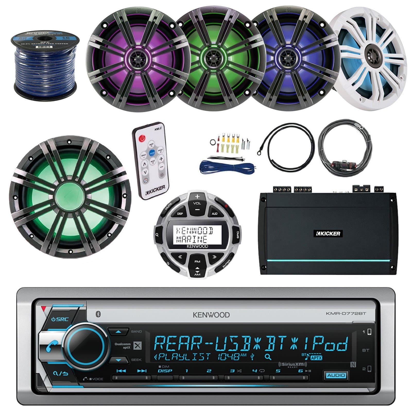 Kenwood KMR-D765BT Marine Stereo Bundle With Remote Control + Kicker 10" LED Subwoofer + 4 Kicker 6.5" Multi Color LED Audio Speakers With Remote + 5-Channel Amp W/ Install Kit + Enrock 100ft Wire