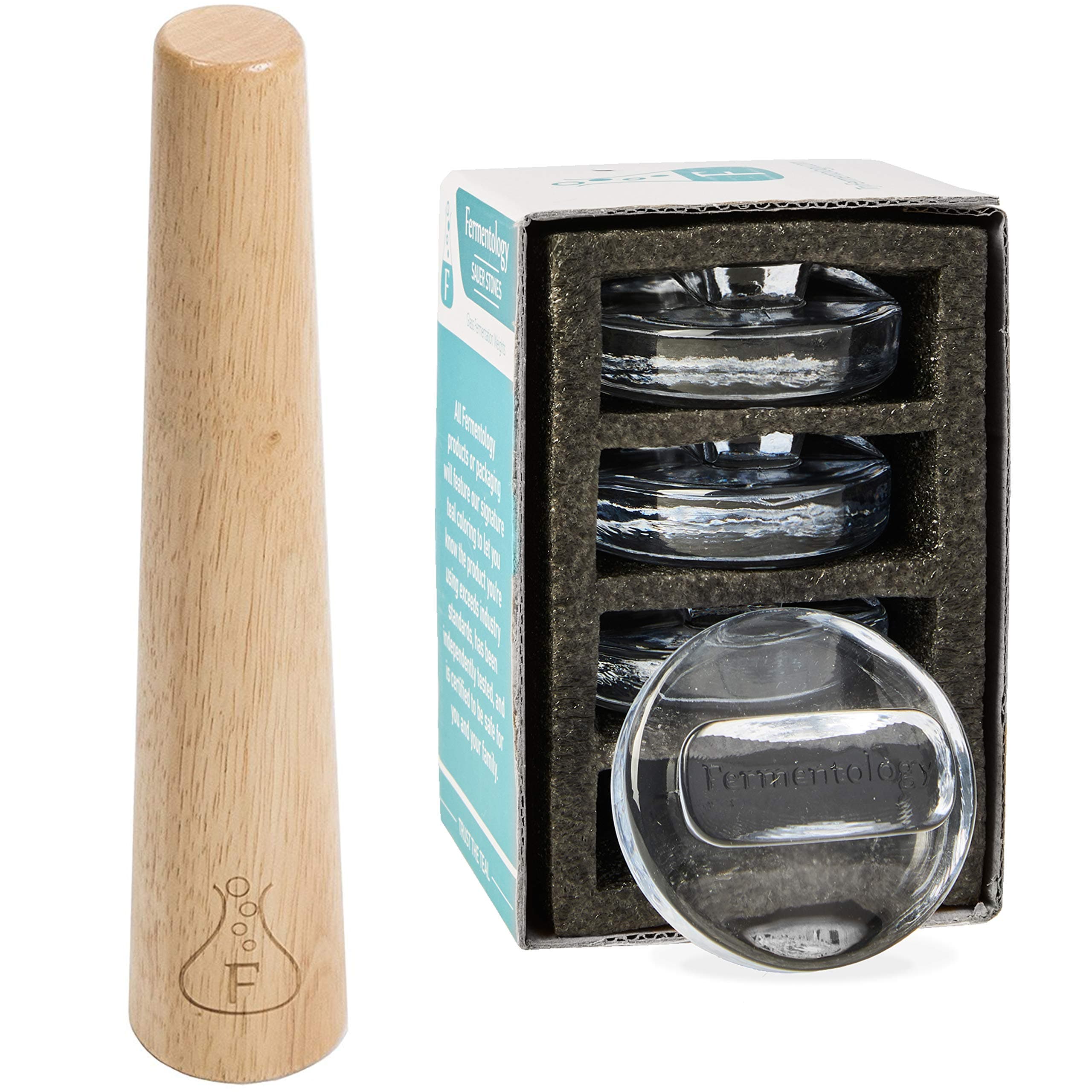 Fermentation Weights and Smasher Combo - Sauer Stones Glass Fermentation Weights and Sauer Stick Kraut Smasher - FOR WIDE MOUTH MASON JARS