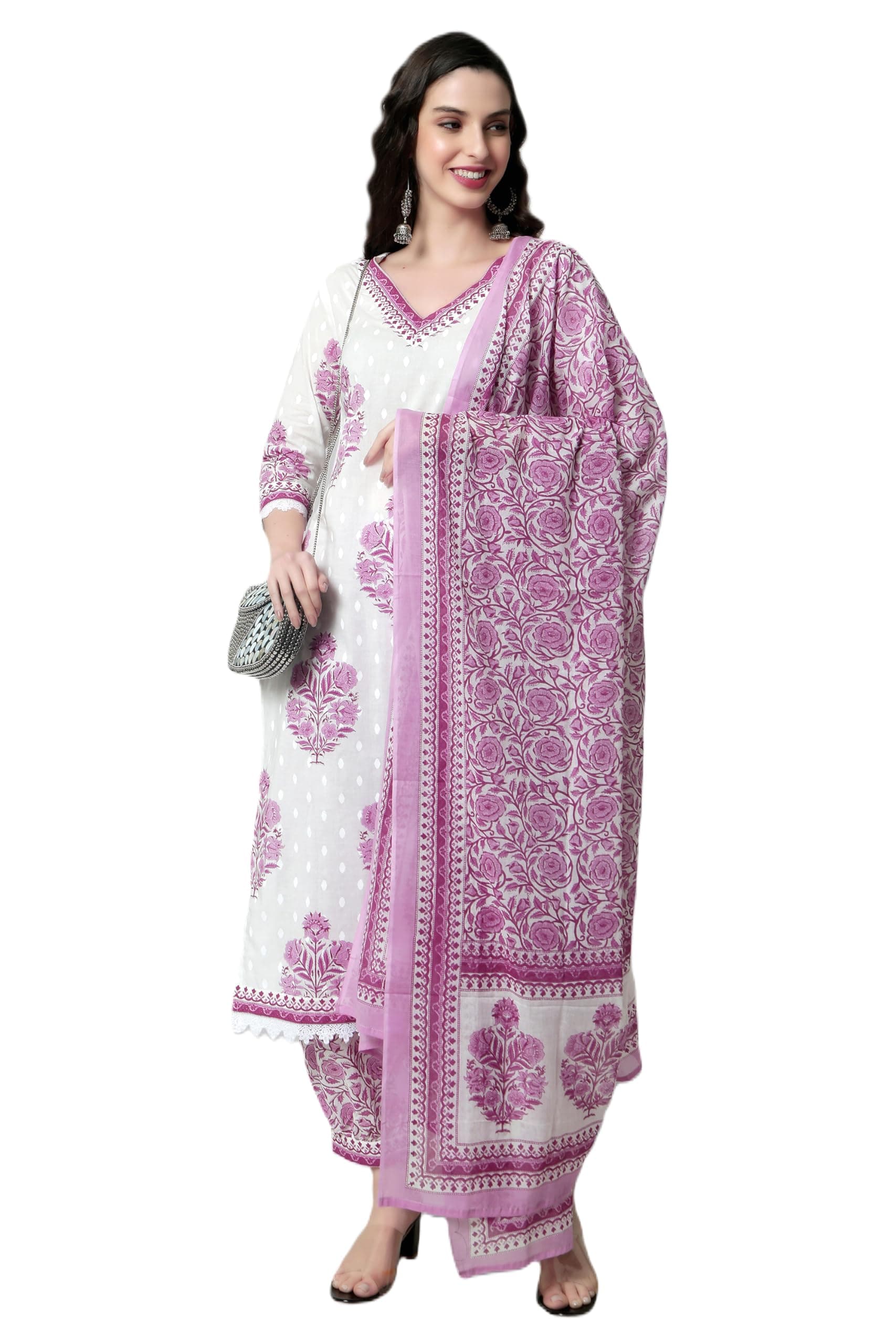 Arayna Women's Cotton Printed Floral Straight Kurta with Palazzo Pants and Dupatta