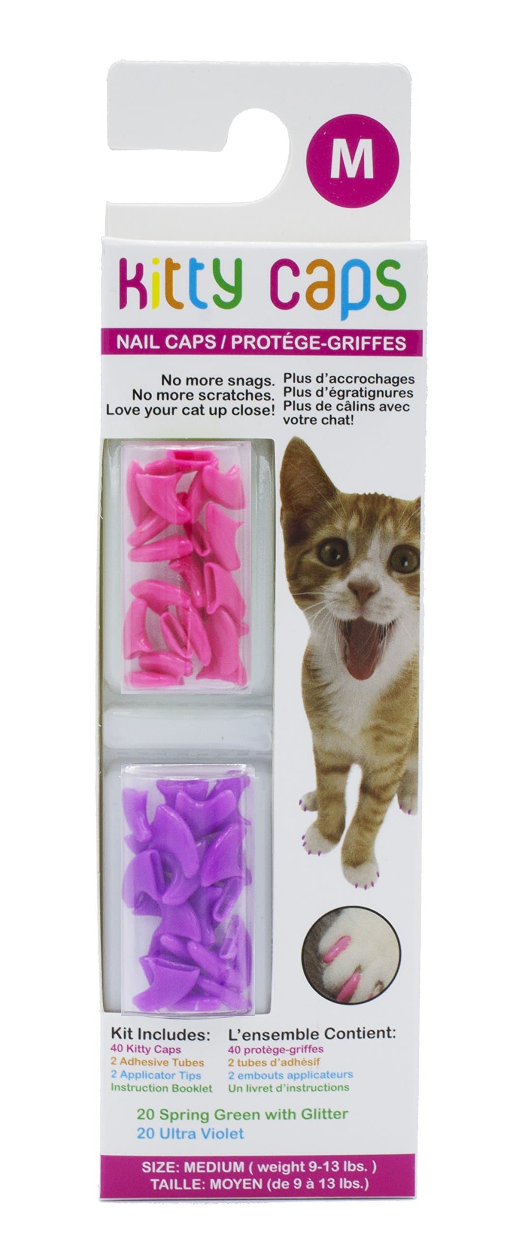 Kitty Caps Nail Caps for Cats, Hot Purple & Hot Pink - Safe, Stylish & Humane Alternative to Declawing Stops Snags & Scratches, Medium (9-13 lbs), 40 Count