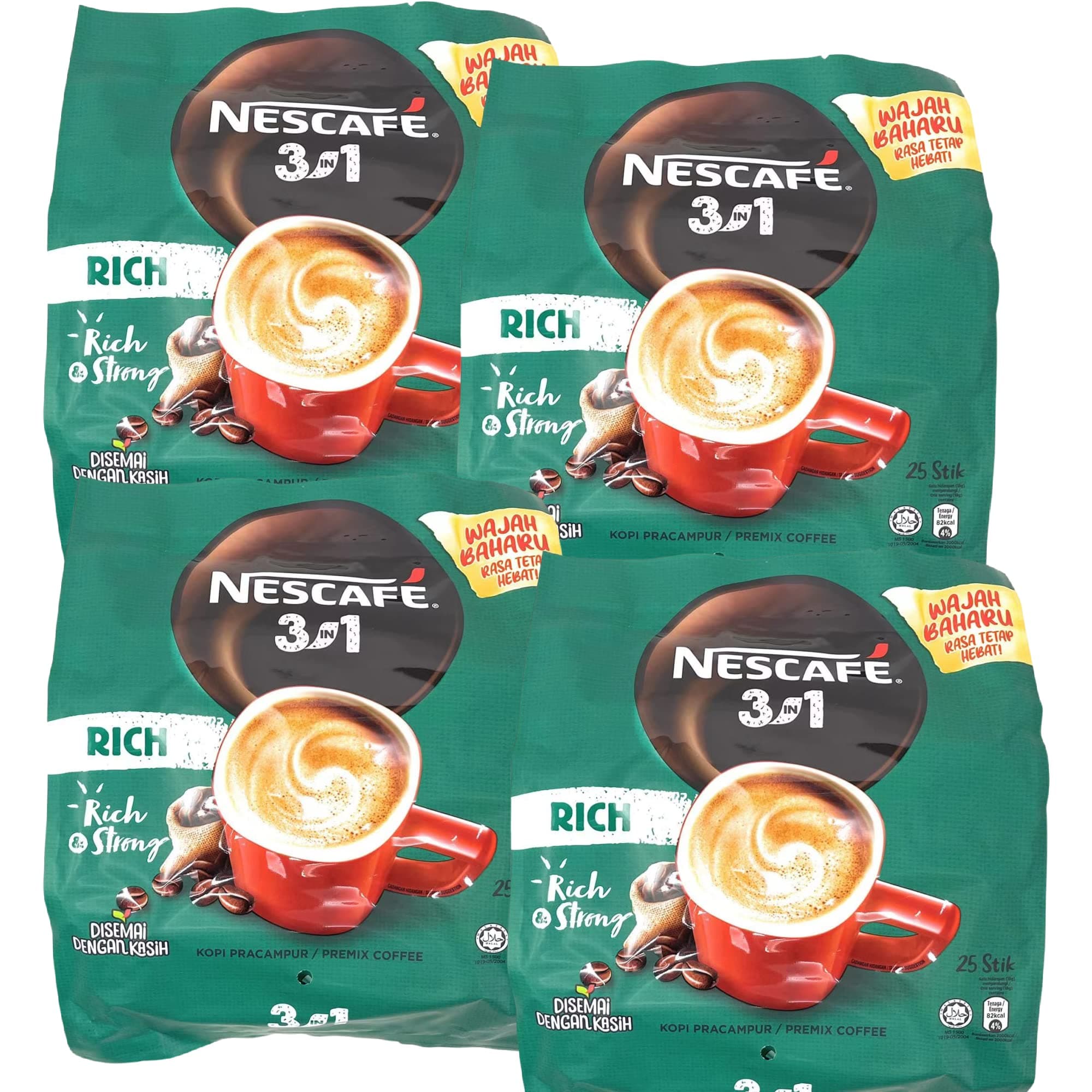 4 Packs Nescafe 3 in 1 Stronger taste than Original Nescafe 3 in 1 Rich Instant Coffee Lebih Kaw Premix Coffee Serve in Cold or Hot 25 Sticks/25 Serving