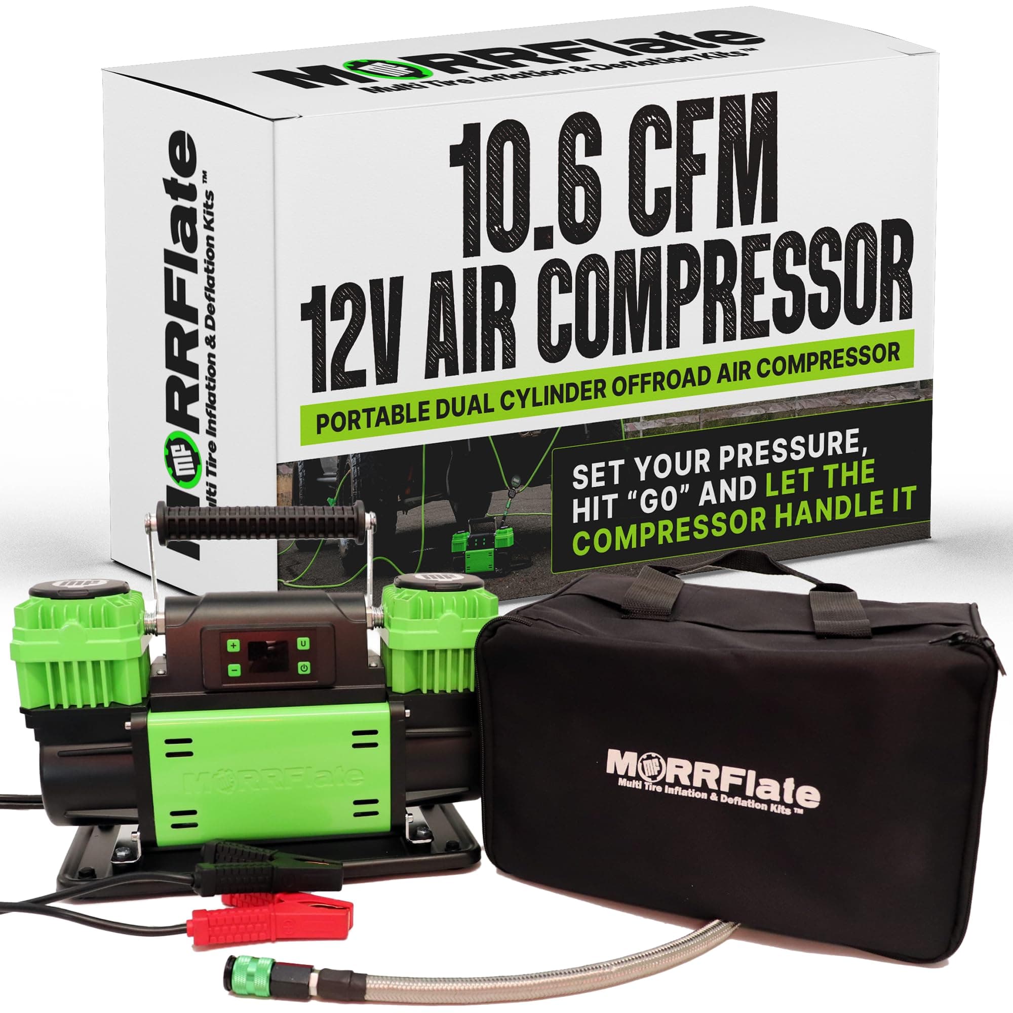 MORRFlate TenSix PSI Pro 10.6 CFM 12V Portable Dual Cylinder Offroad Air Compressor | PSI Pro Technology Set Your PSI and Walk Away | 4FT Stainless Steel Hose | Includes Carry Bag and Gloves