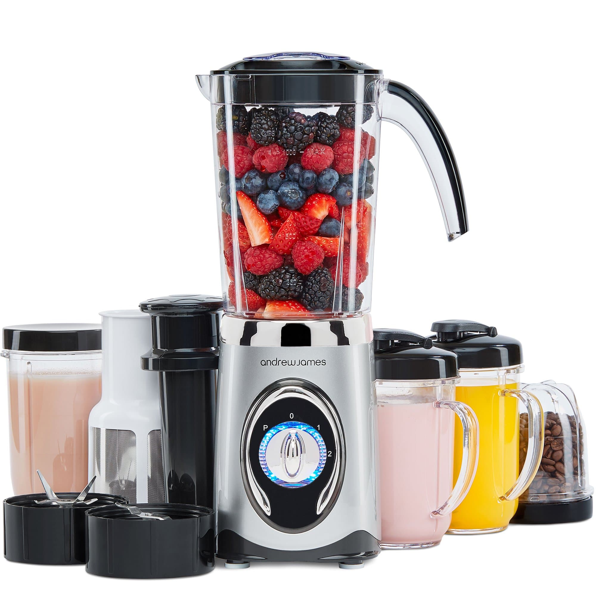 Andrew James Smoothie Maker | 4 in 1 Blender Machine with 1L Jug Travel Large 500ml Blending Cup & Small 300ml Blending Cups with Lids | Ice Crusher Grinder Juicer Pusher | 220W | Silver
