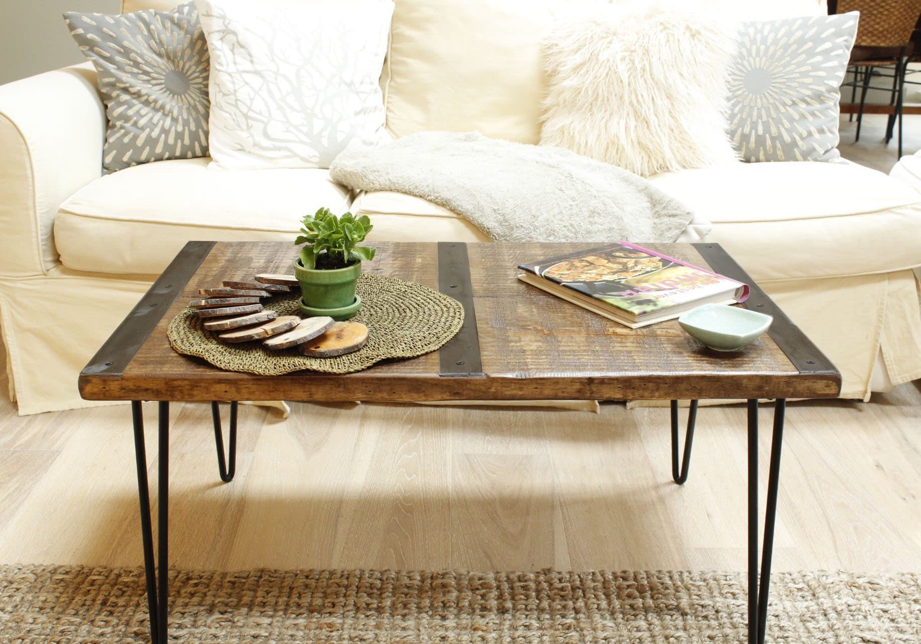 Made in America - Solid Reclaimed Wood Coffee Table With Metal Inlaid Straps
