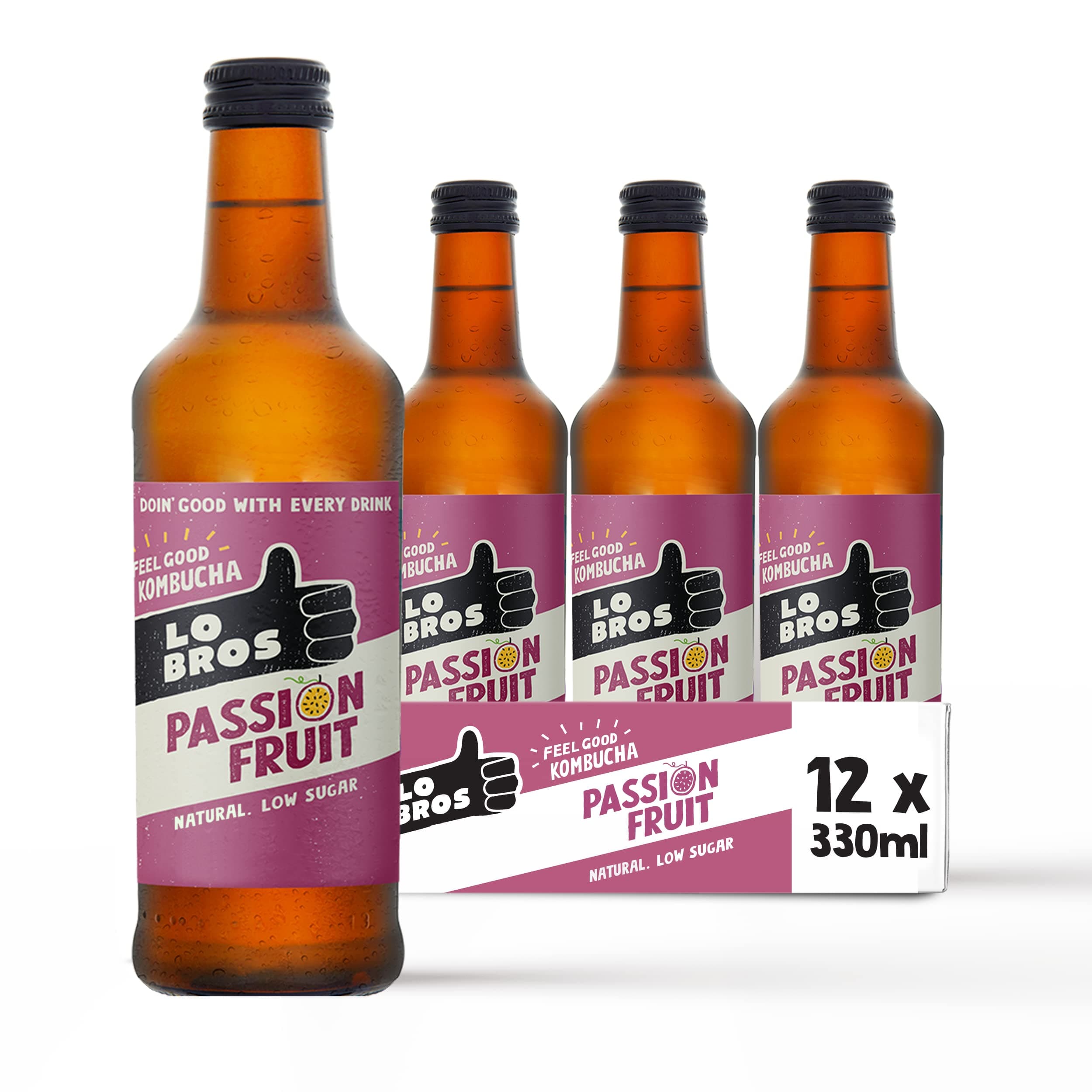 Kombucha - Passionfruit - Sparkling Refreshing Drink with Natural Ingredients and Live Cultures, Supports Gut Health, Low Sugar, Vegan, Gluten Free, Bottles- 12 x 330ml