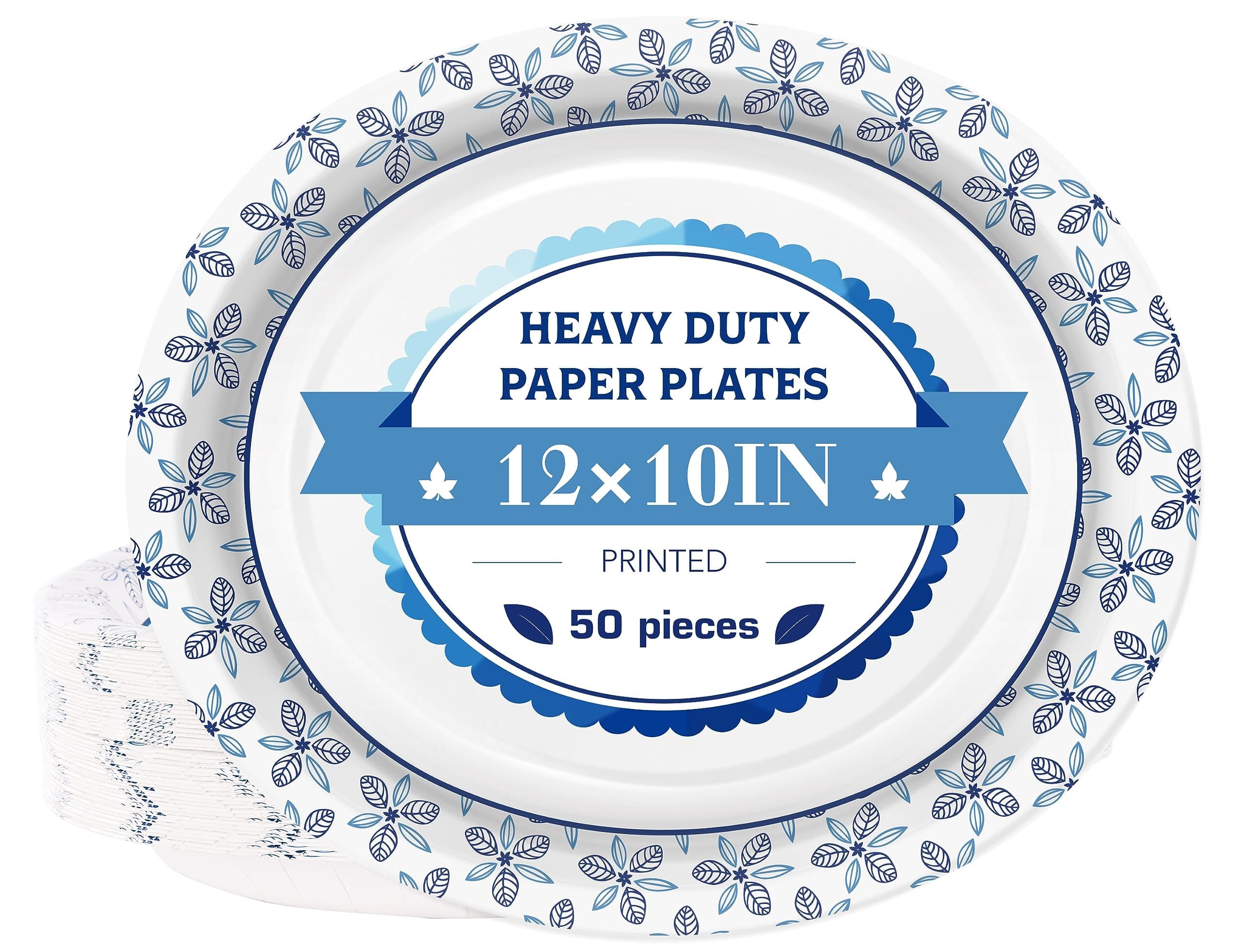 VEIZEDD50 Pcs Oval Paper Plates 12 x 10 in Large Disposable Dinner Platters Heavy Duty for Holidays,BBQs,Birthdays Party,Celebration