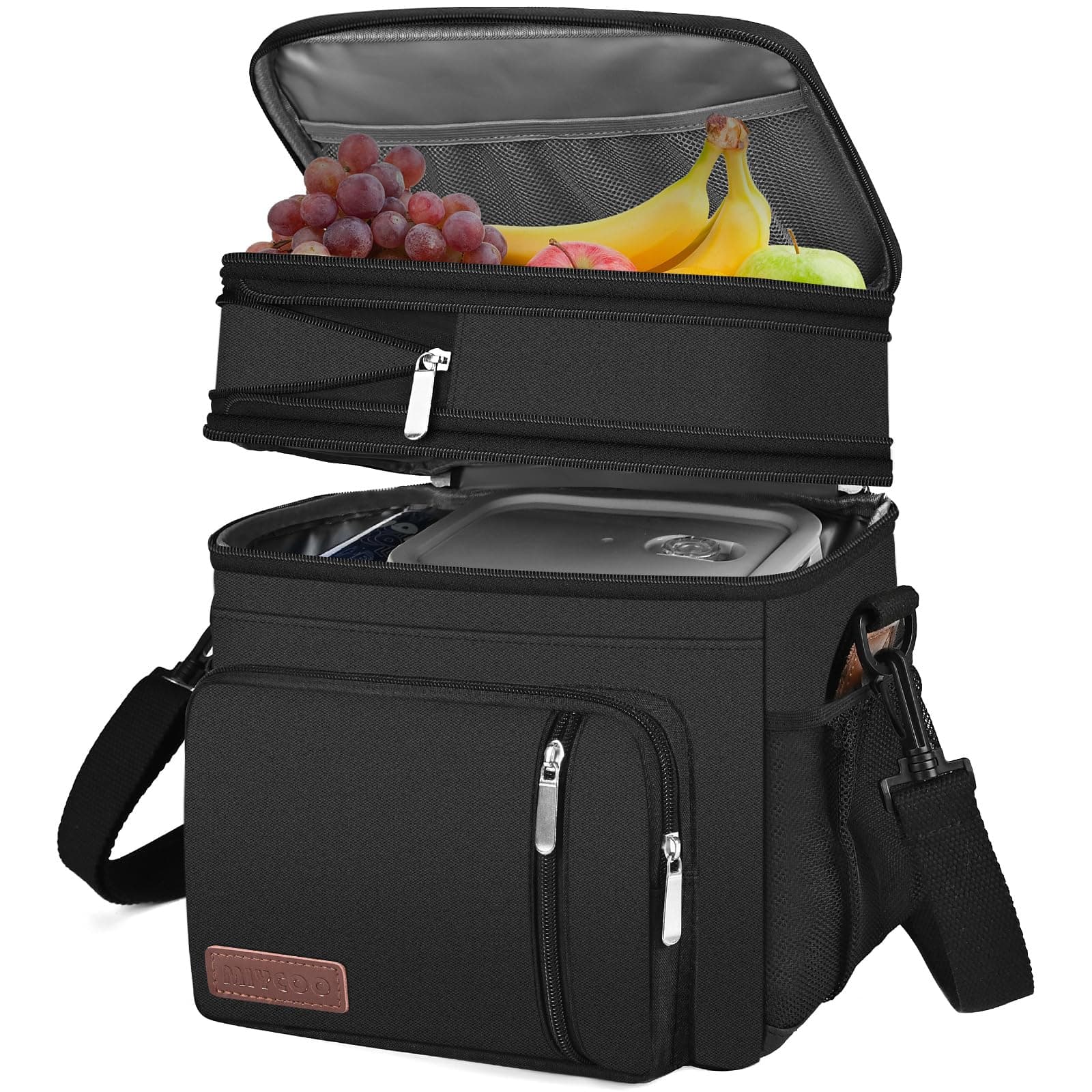 MIYCOO Lunch Bag & Lunch Box for Men Women Double Deck - Leakproof Insulated Soft Large Adult Lunch Cooler Bag for Work Picnic (Black,15L)